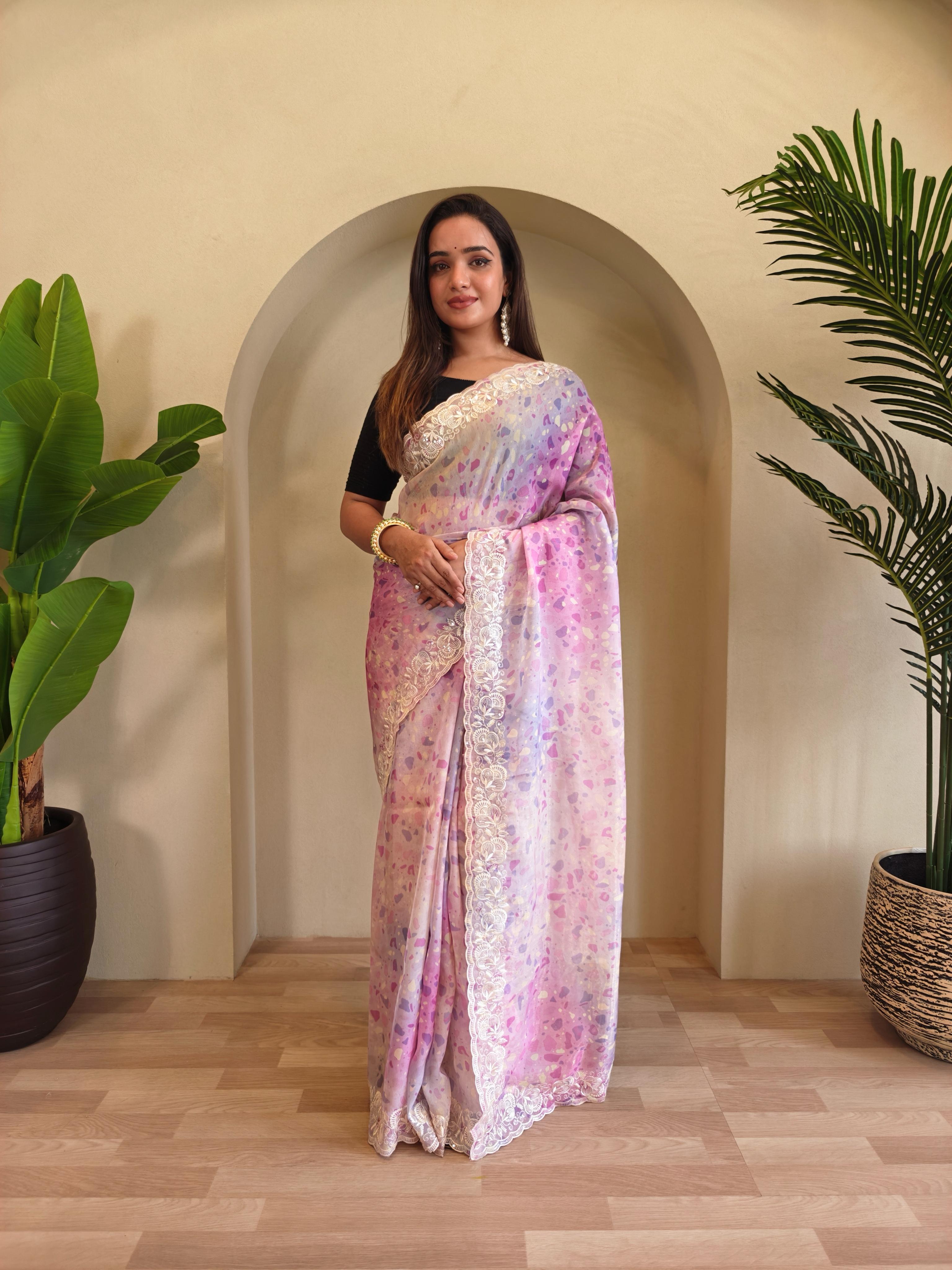 Casual Wear Light Pink Color Digital Print Organza Saree