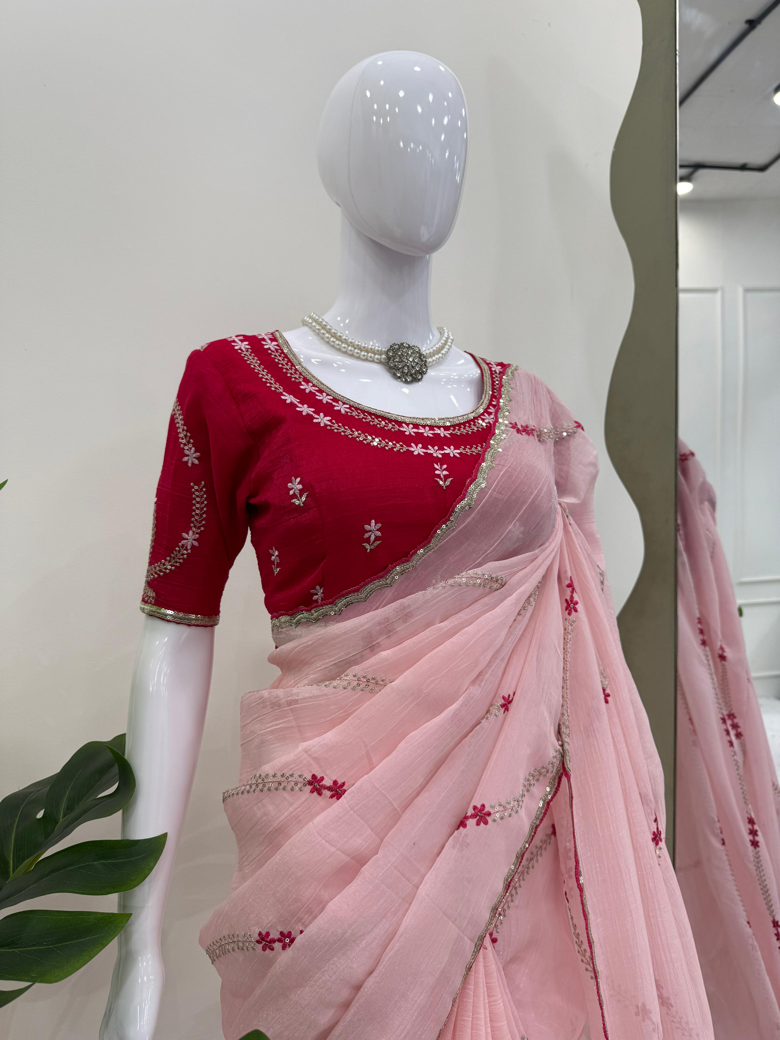 Thread With Sequence Work Light Pink Silk Saree