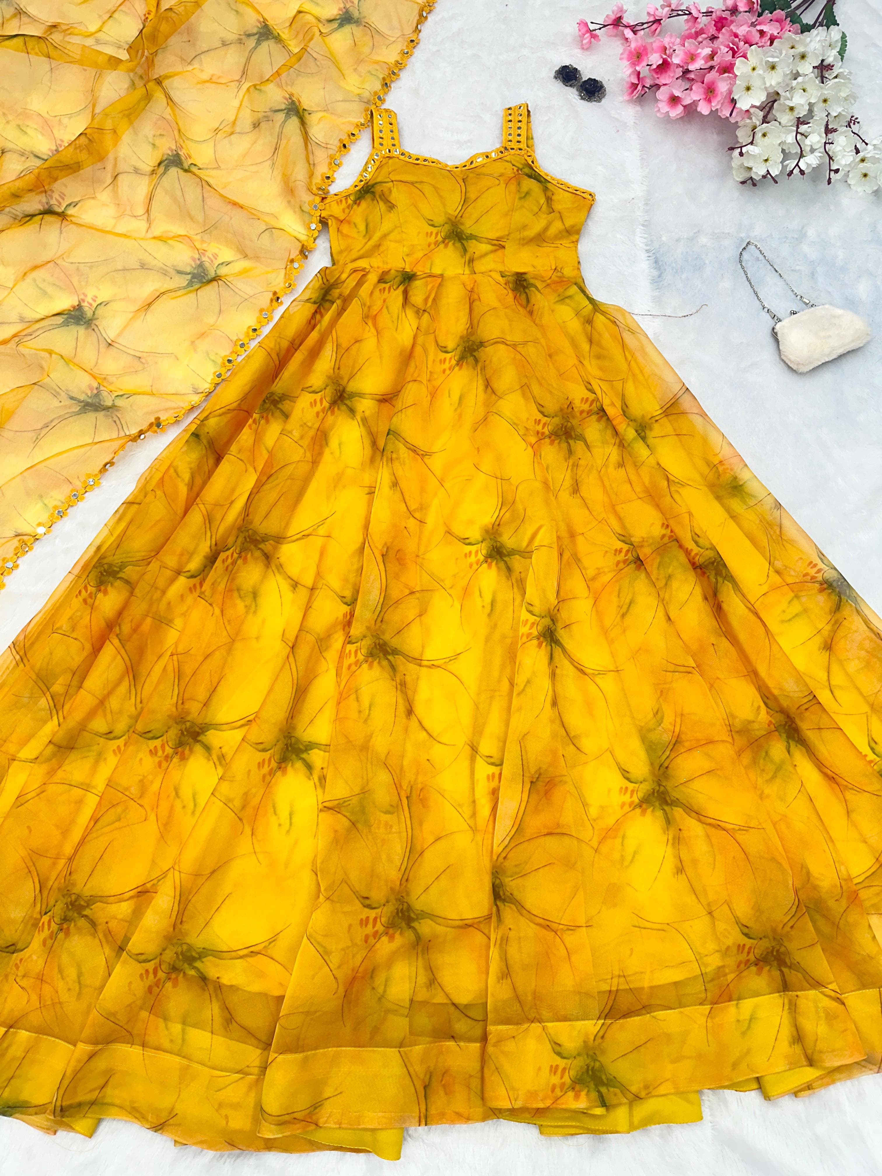 Preferable Digital Printed Yellow Color Anarkali Suit