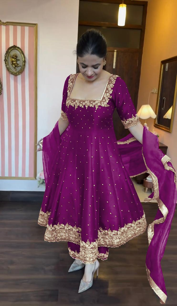 Glimmering Vichitra Silk Purple Color Anarkali Suit