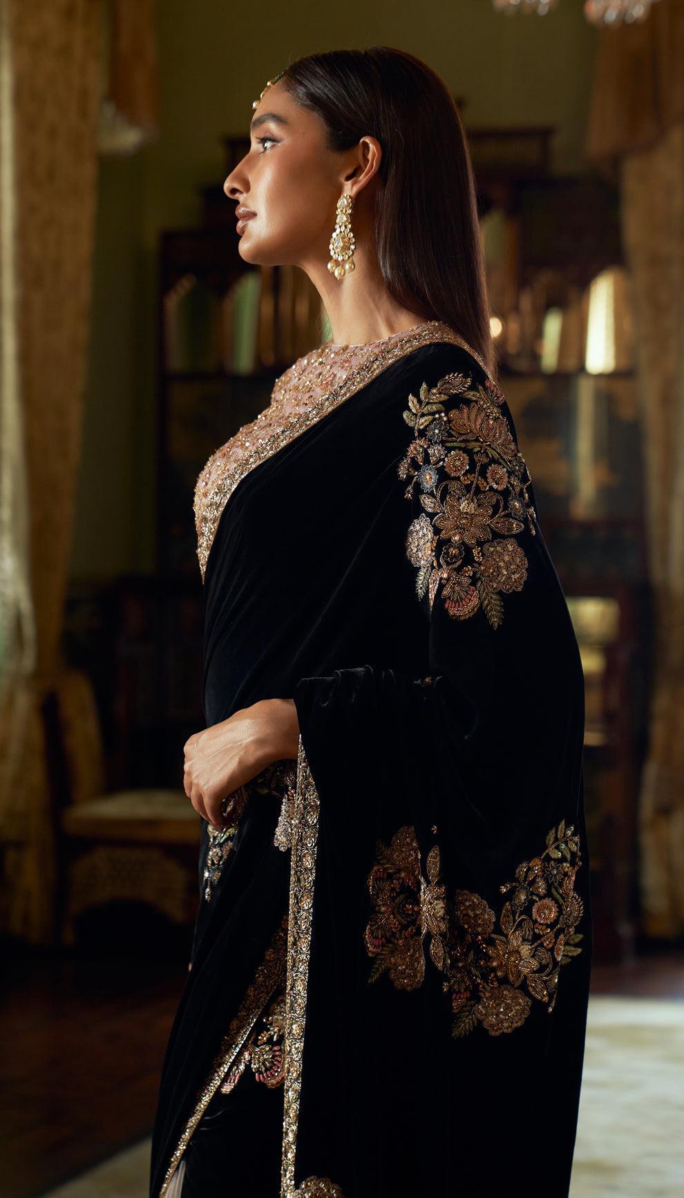 Marvelous Black Velvet With Dori Work Net Saree
