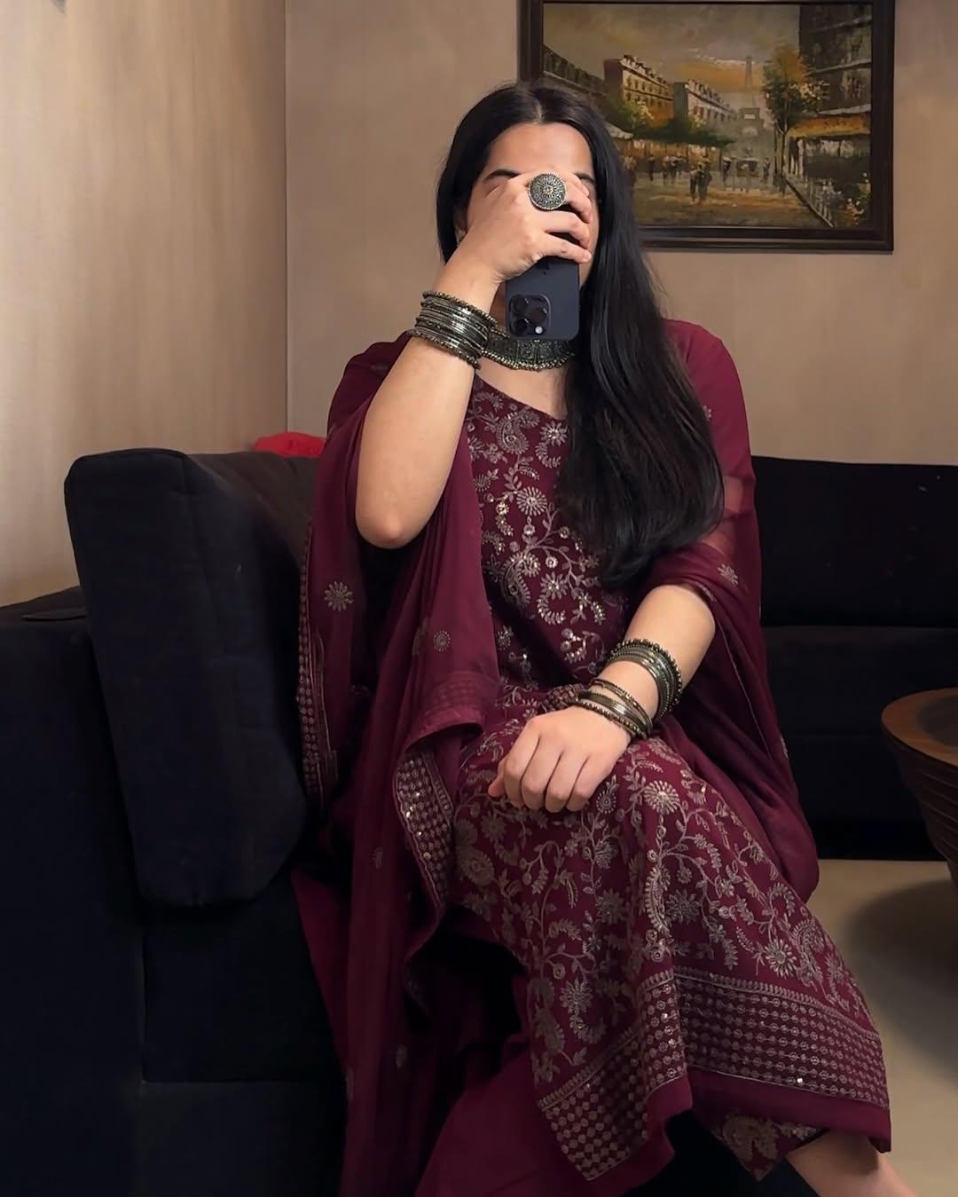 Georgette Embroidery Work Wine Color Salwar Suit