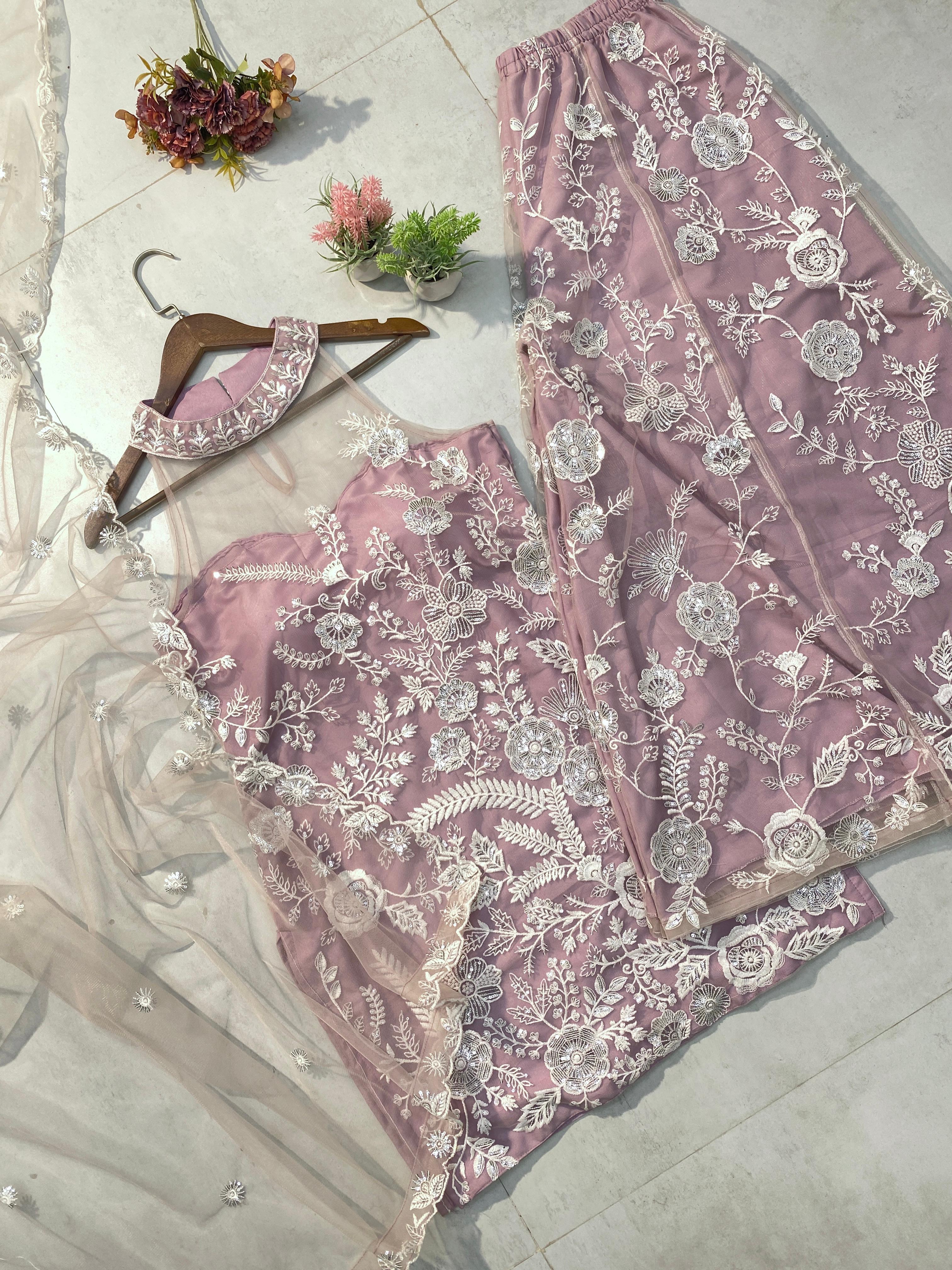 Adorable Embroidery Work Pink Color Palazzo Suit