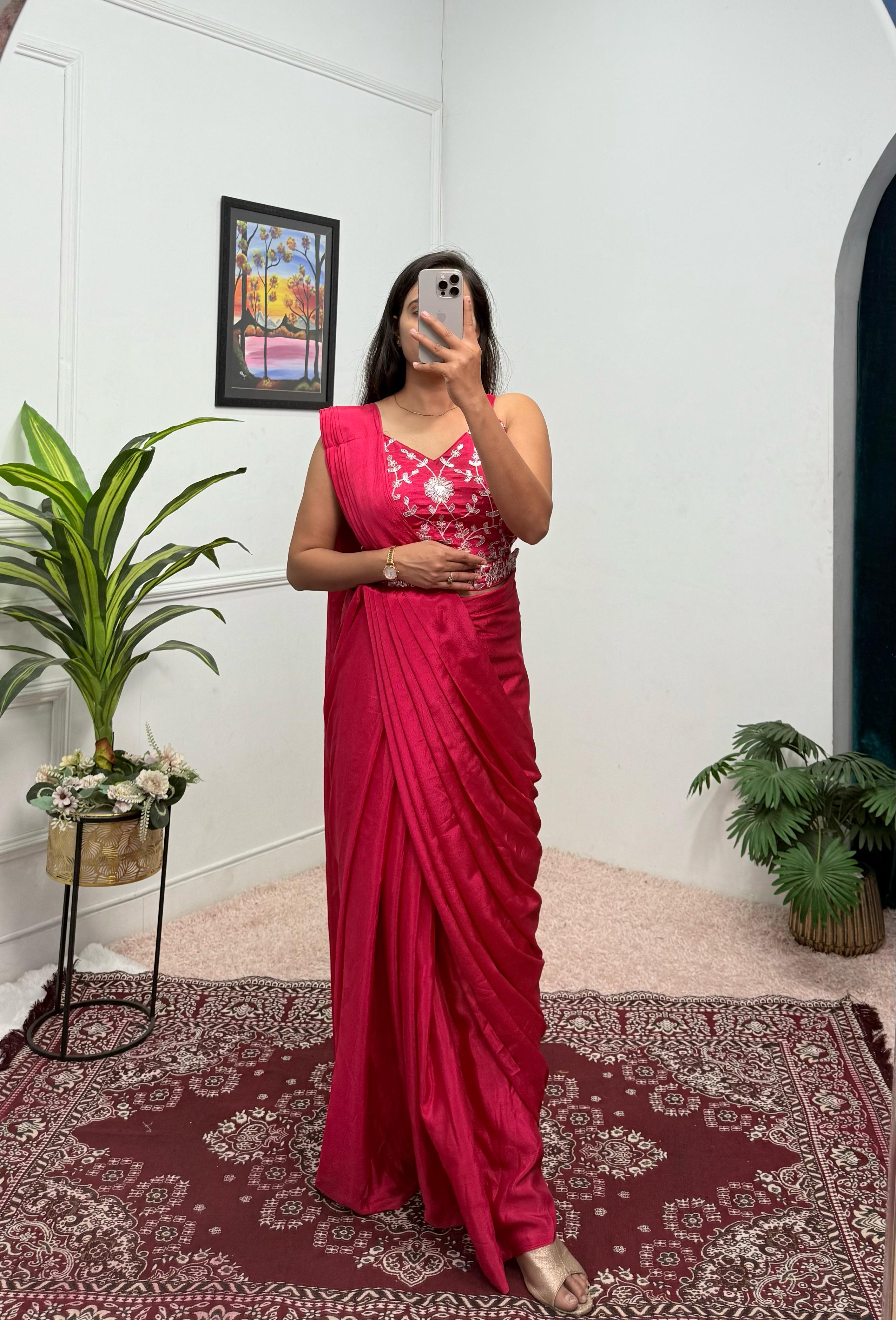 Unique Chinon Silk Pink Color Saree With Koti