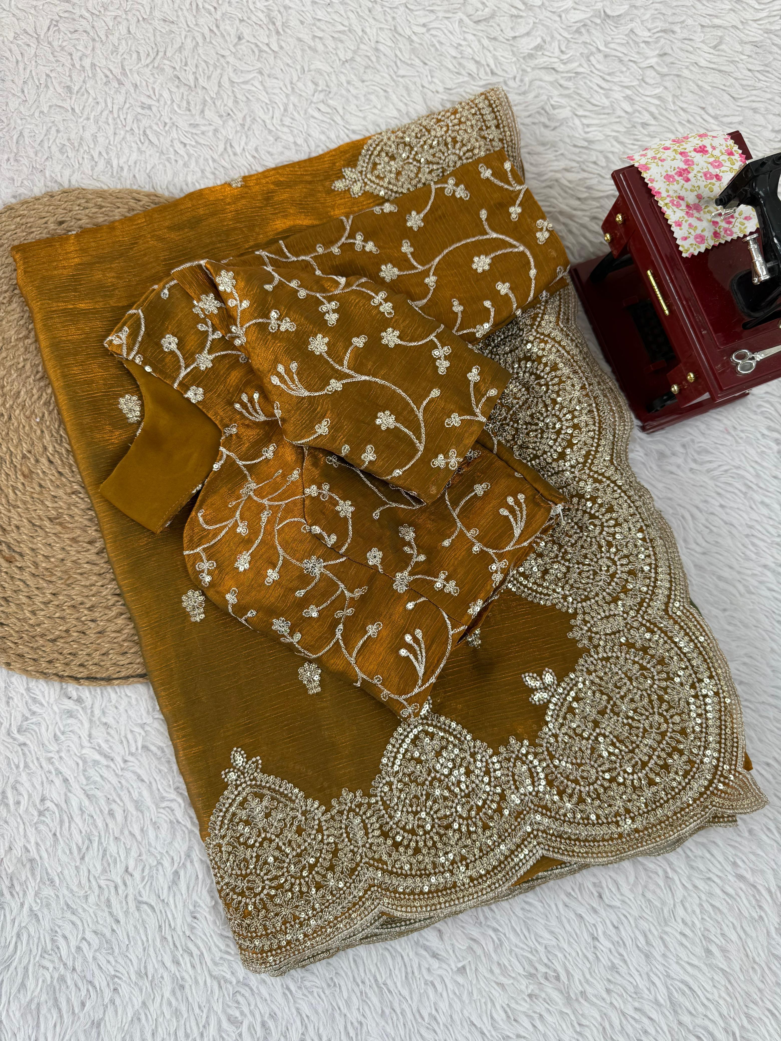 Stylish Gold Chiffon Thread Work Saree