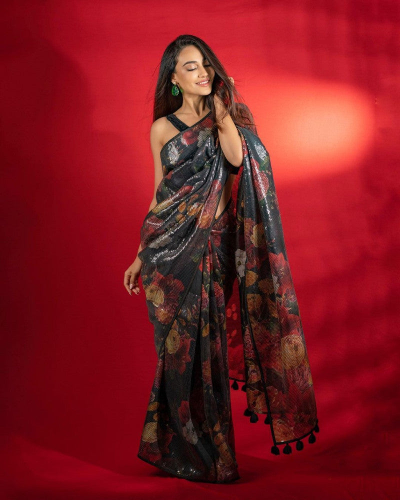 Bollywood Style Black Color Digital Printed Georgette Saree