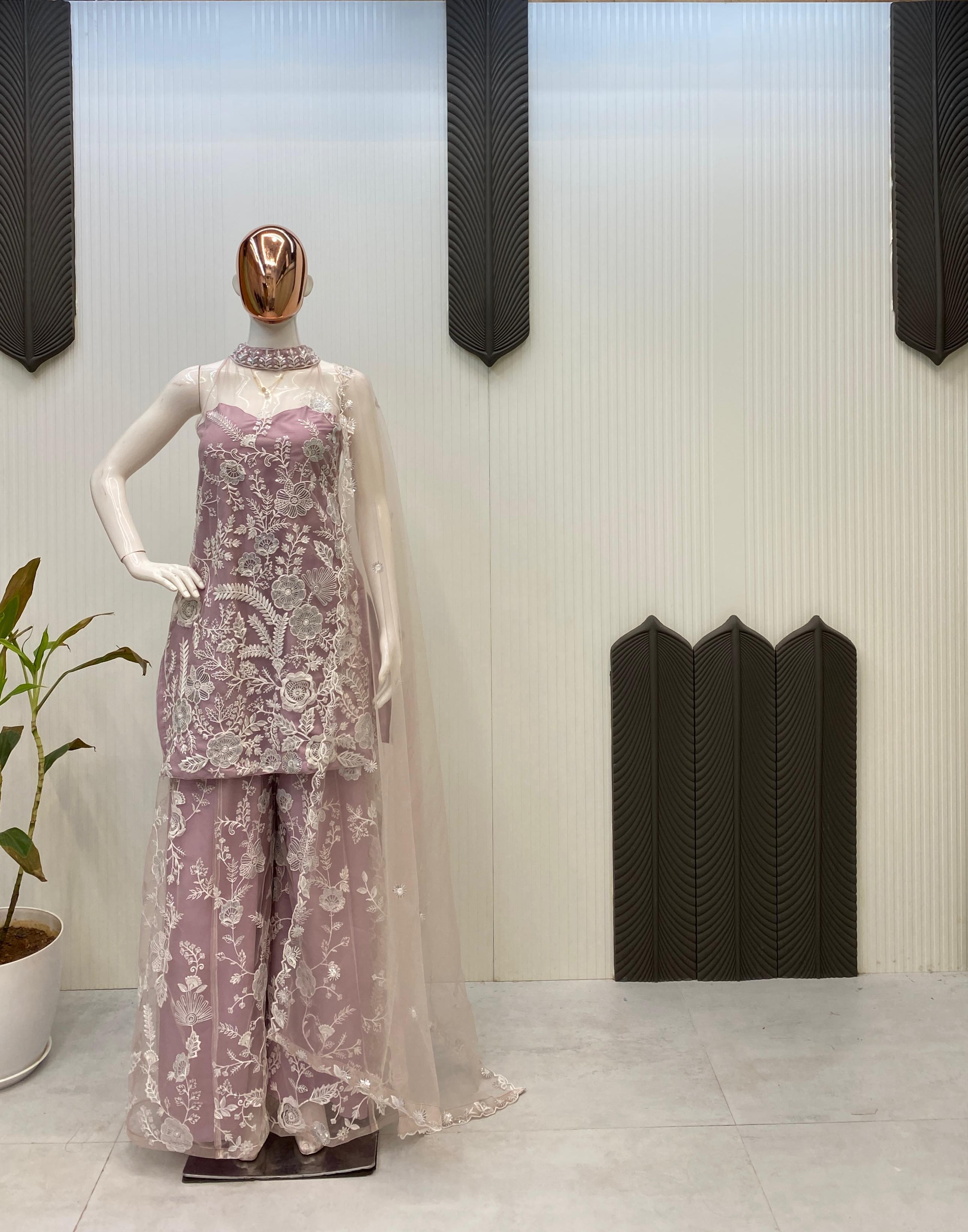 Adorable Embroidery Work Pink Color Palazzo Suit