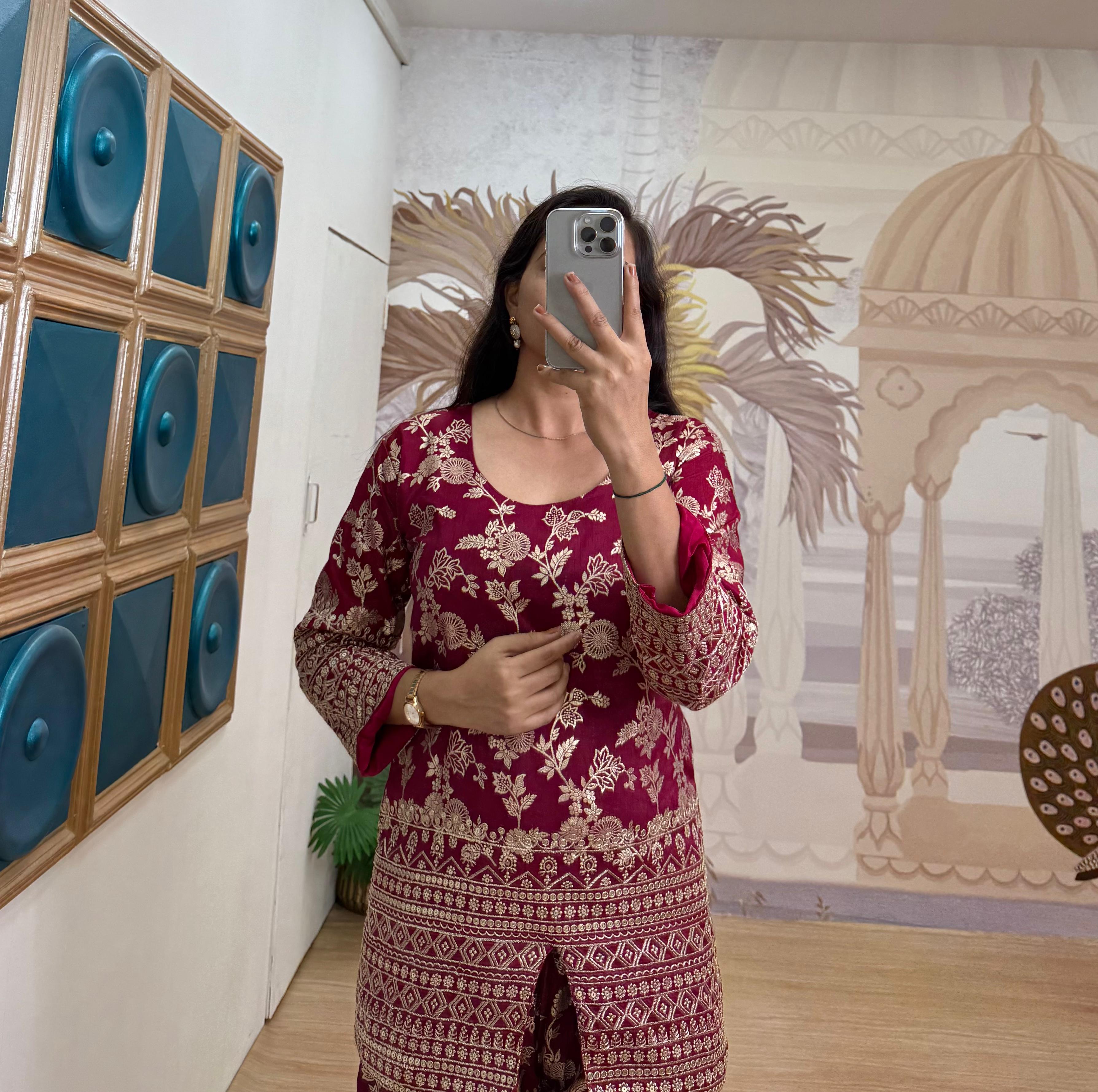 Maroon Color Dola Silk Stylish Co-ord Set