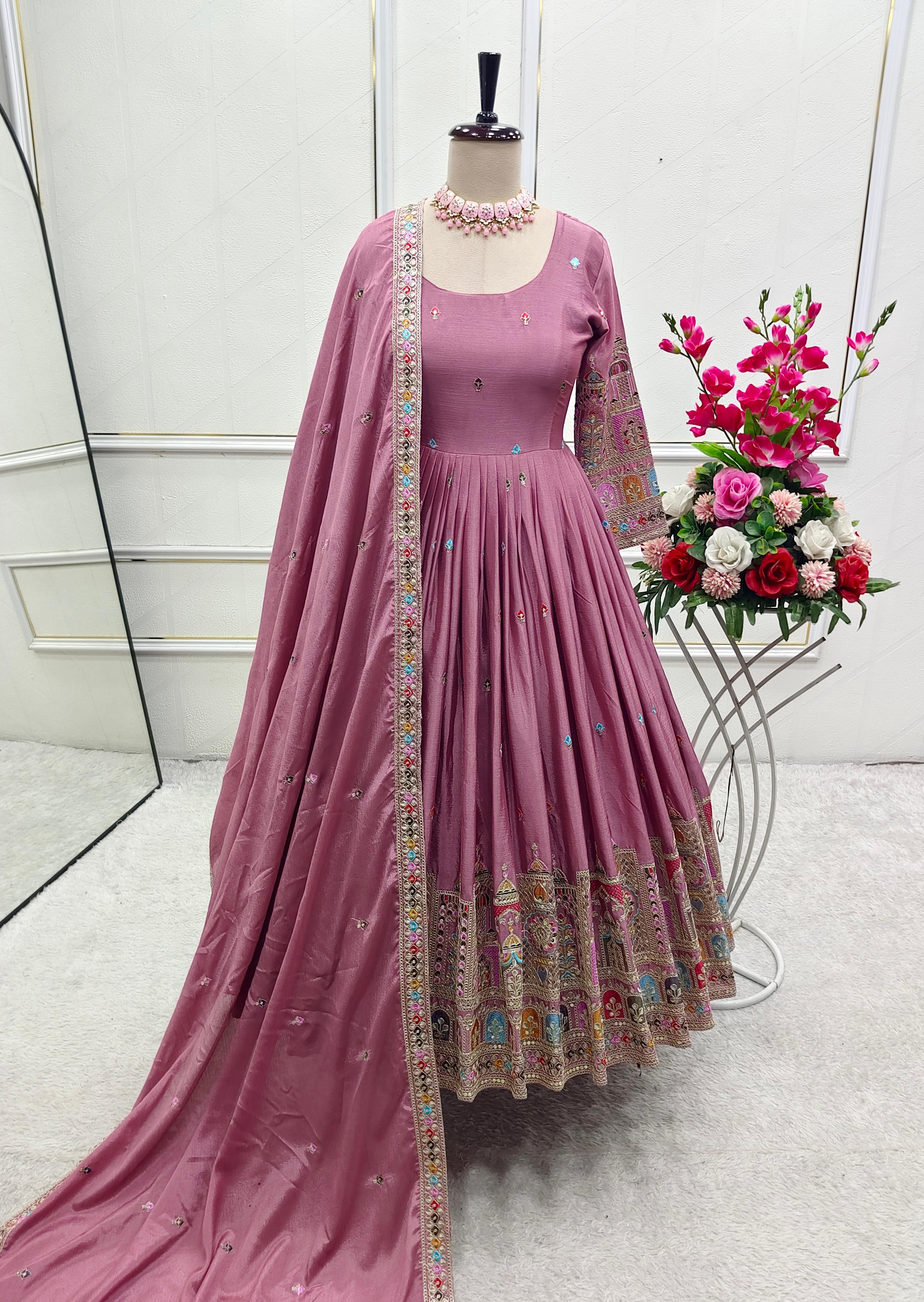 Beautiful Embroidery Work Lavender Color Anarkali Gown