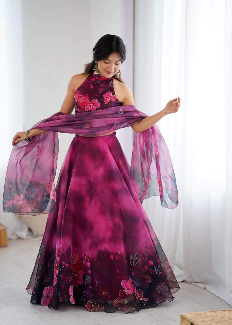 Admiring Pink Color Digital Printed Organza Work Lehenga