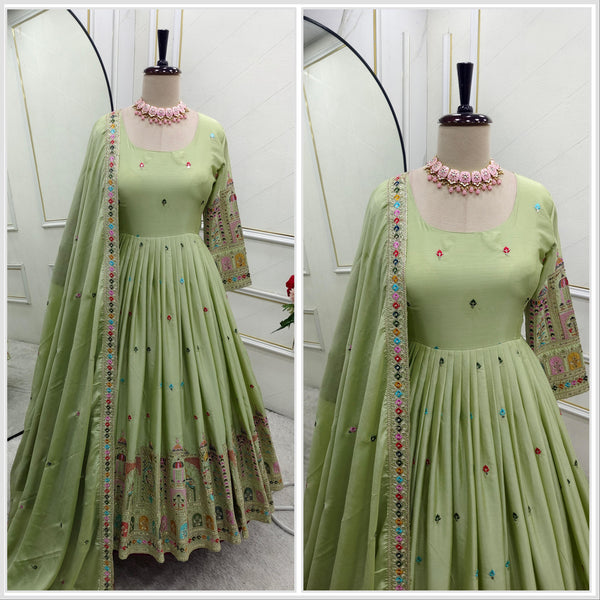 Beautiful Embroidery Work Pista Color Anarkali Gown
