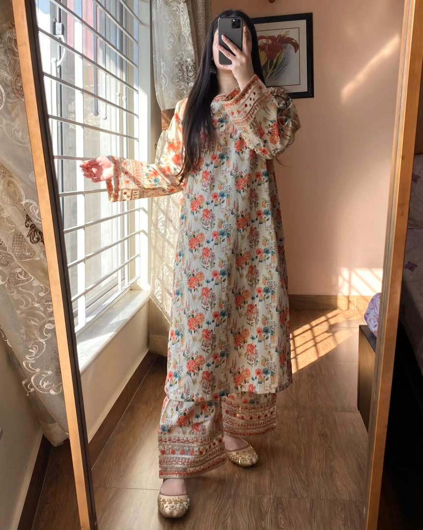 Beige Color Flower Printed Co-ord Set