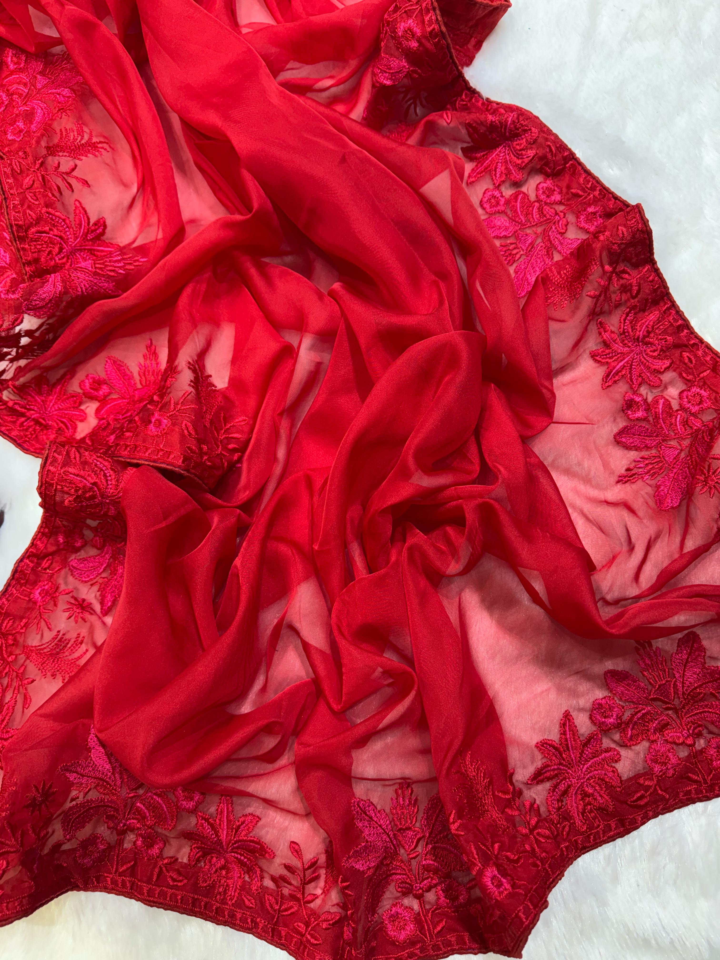 Alluring Organza Embroidery Work Red Color Saree