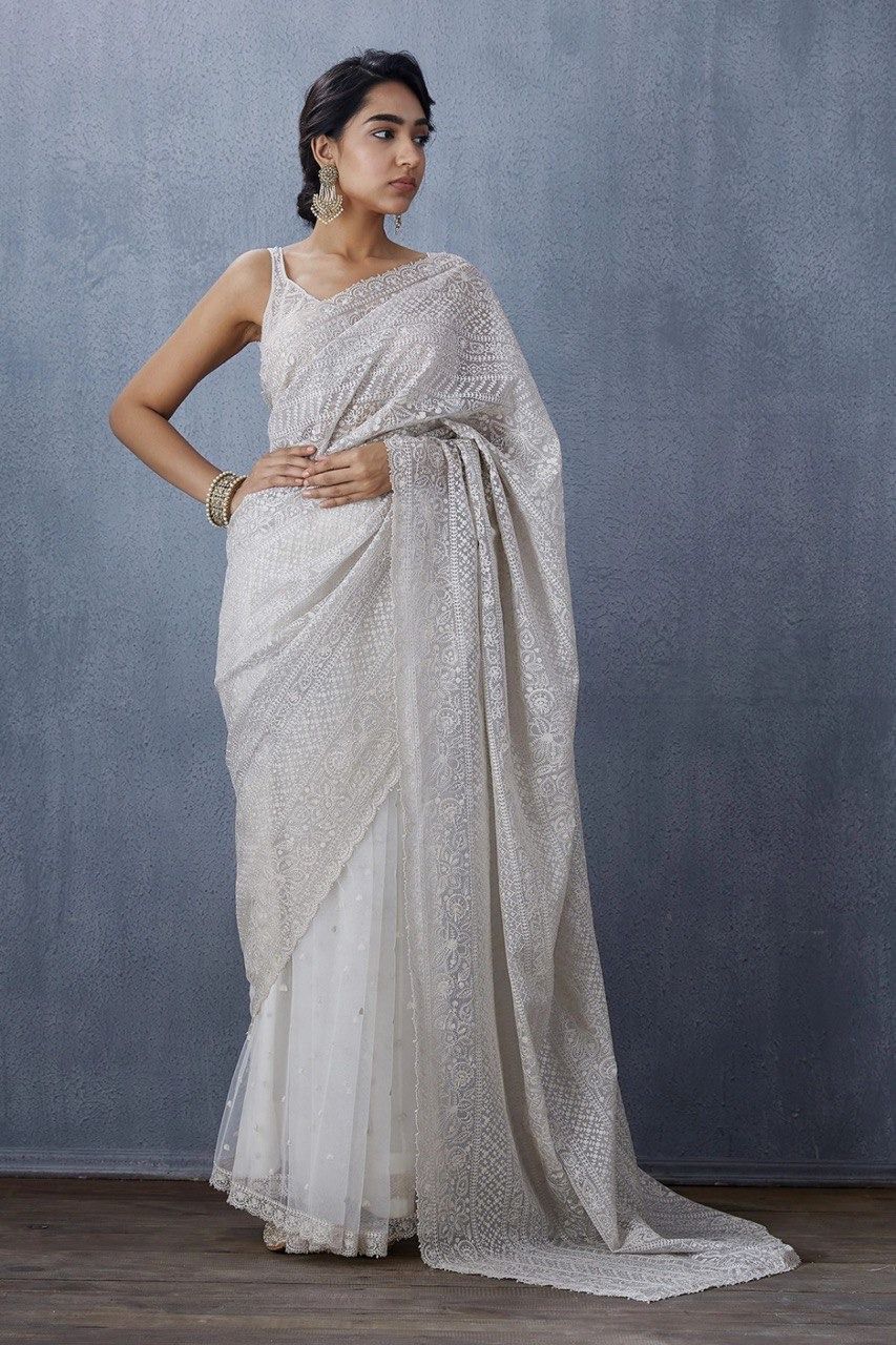 White Color Thread Work Organza Silk Saree