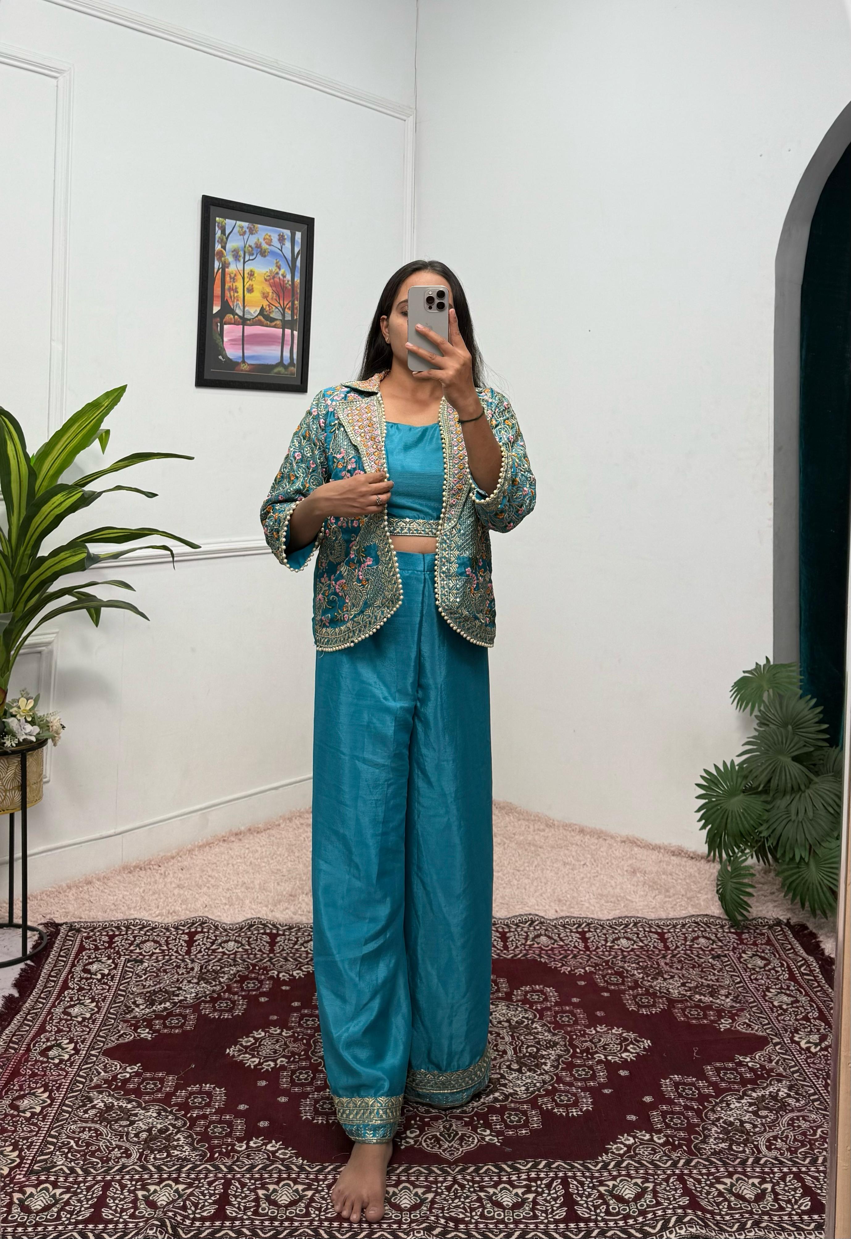 Flattering Chinon Teal Blue Color Palazzo Top With Koti