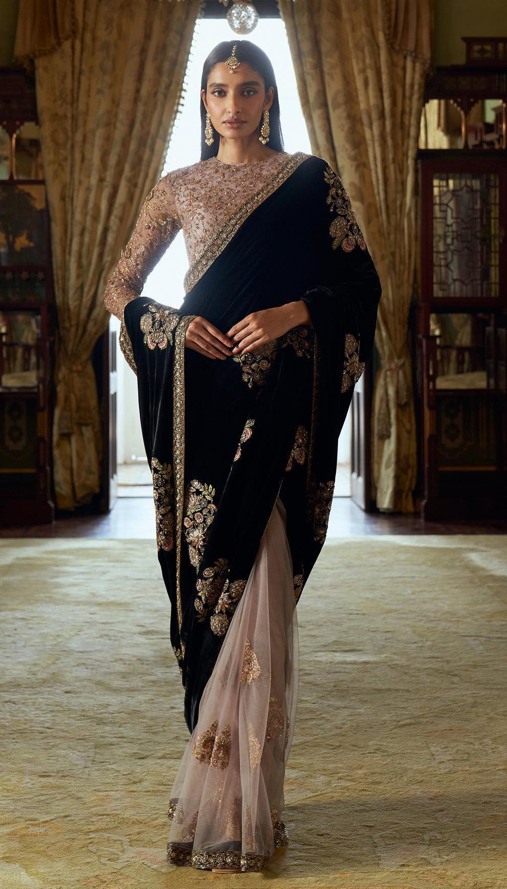 Marvelous Black Velvet With Dori Work Net Saree