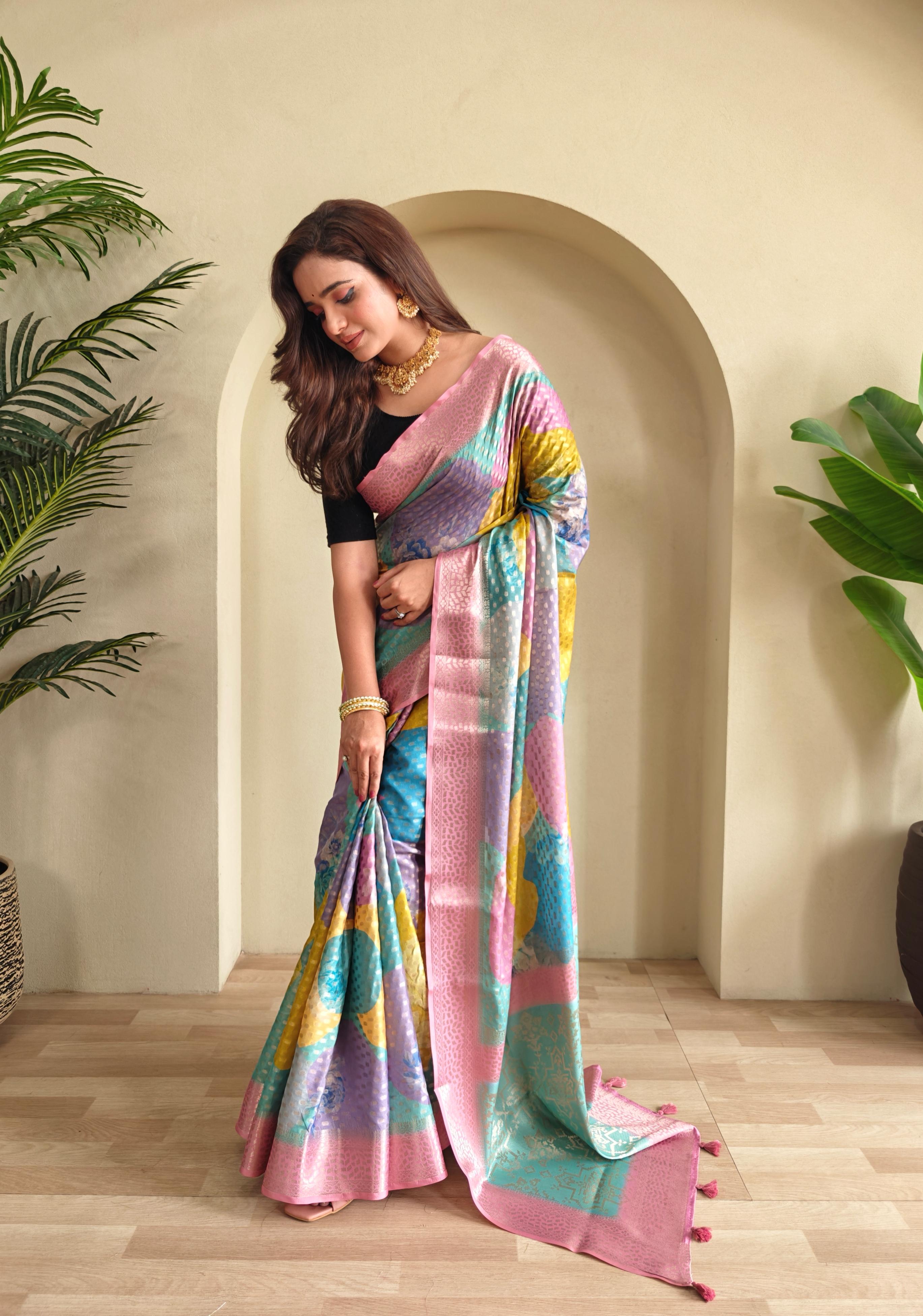 Multi Color Design Beautiful Print Pink Color Saree