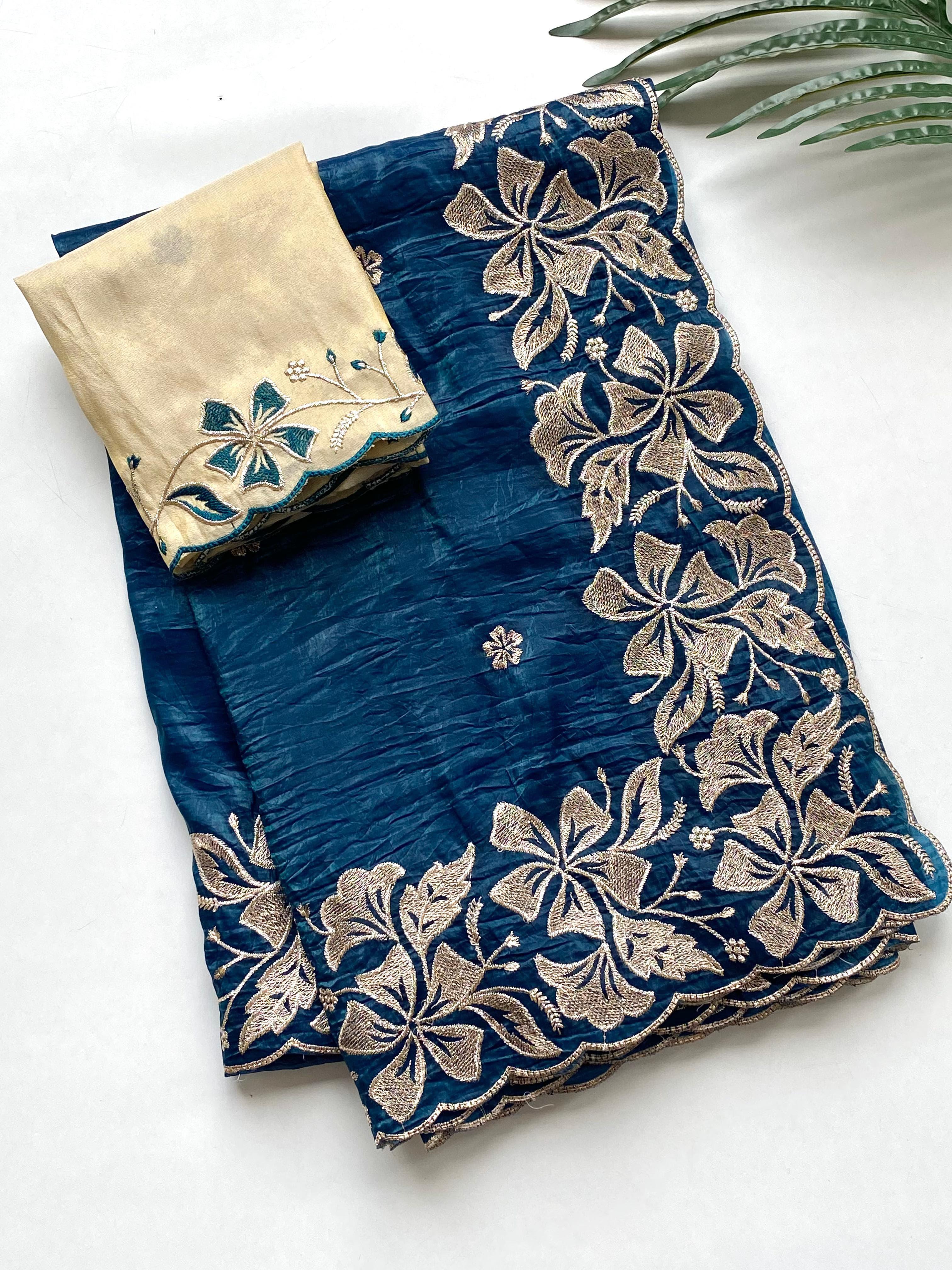 Traditional Wear Flower Border Blue Color Saree
