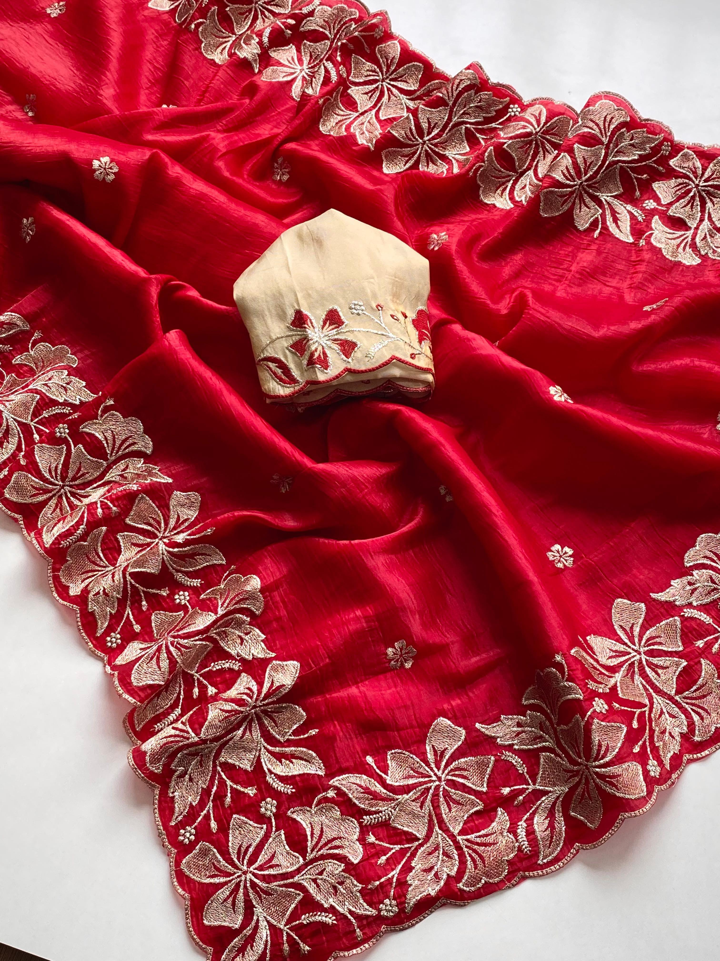 Traditional Wear Flower Border Red Color Saree