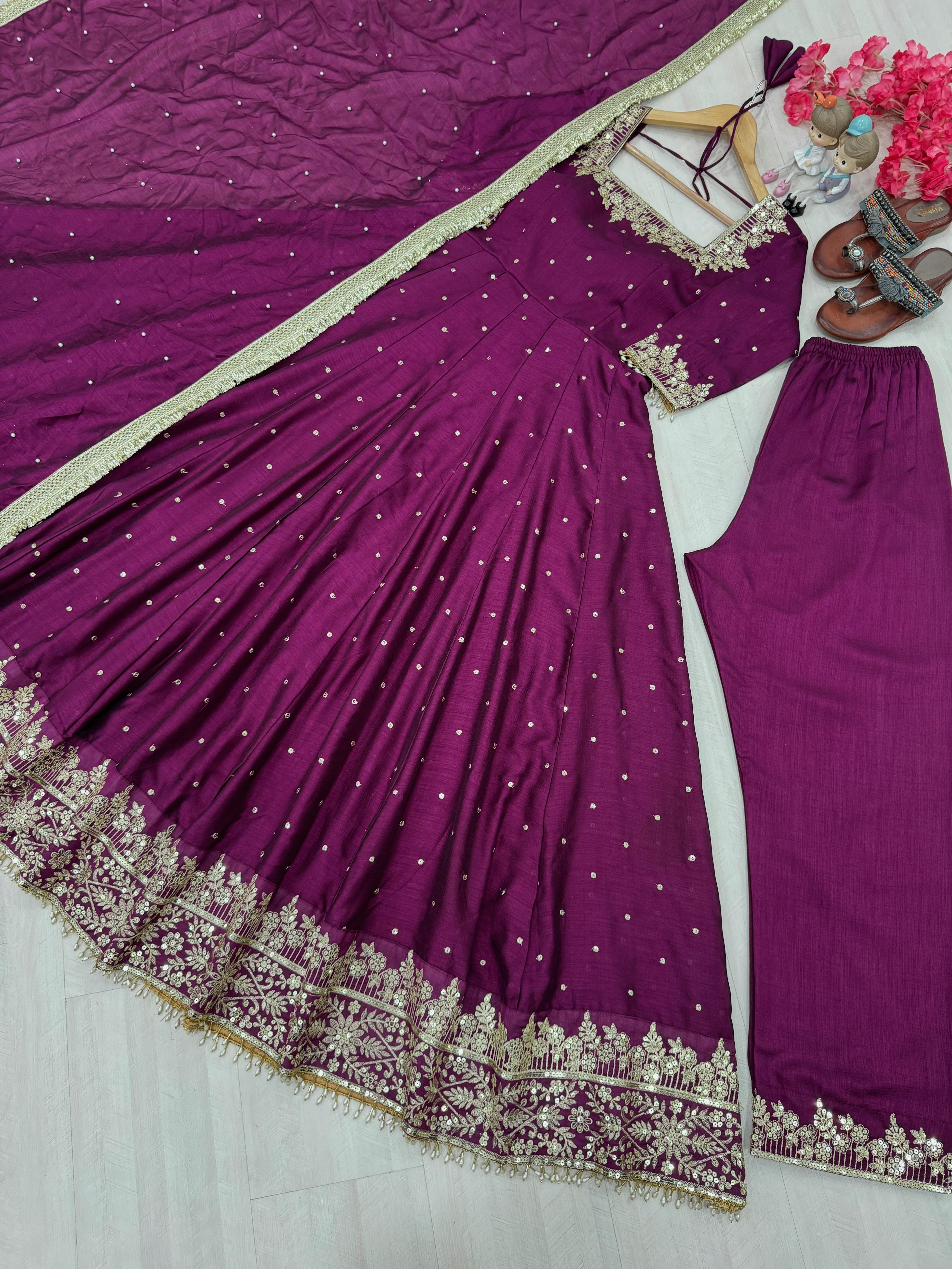 Glimmering Vichitra Silk Purple Color Anarkali Suit