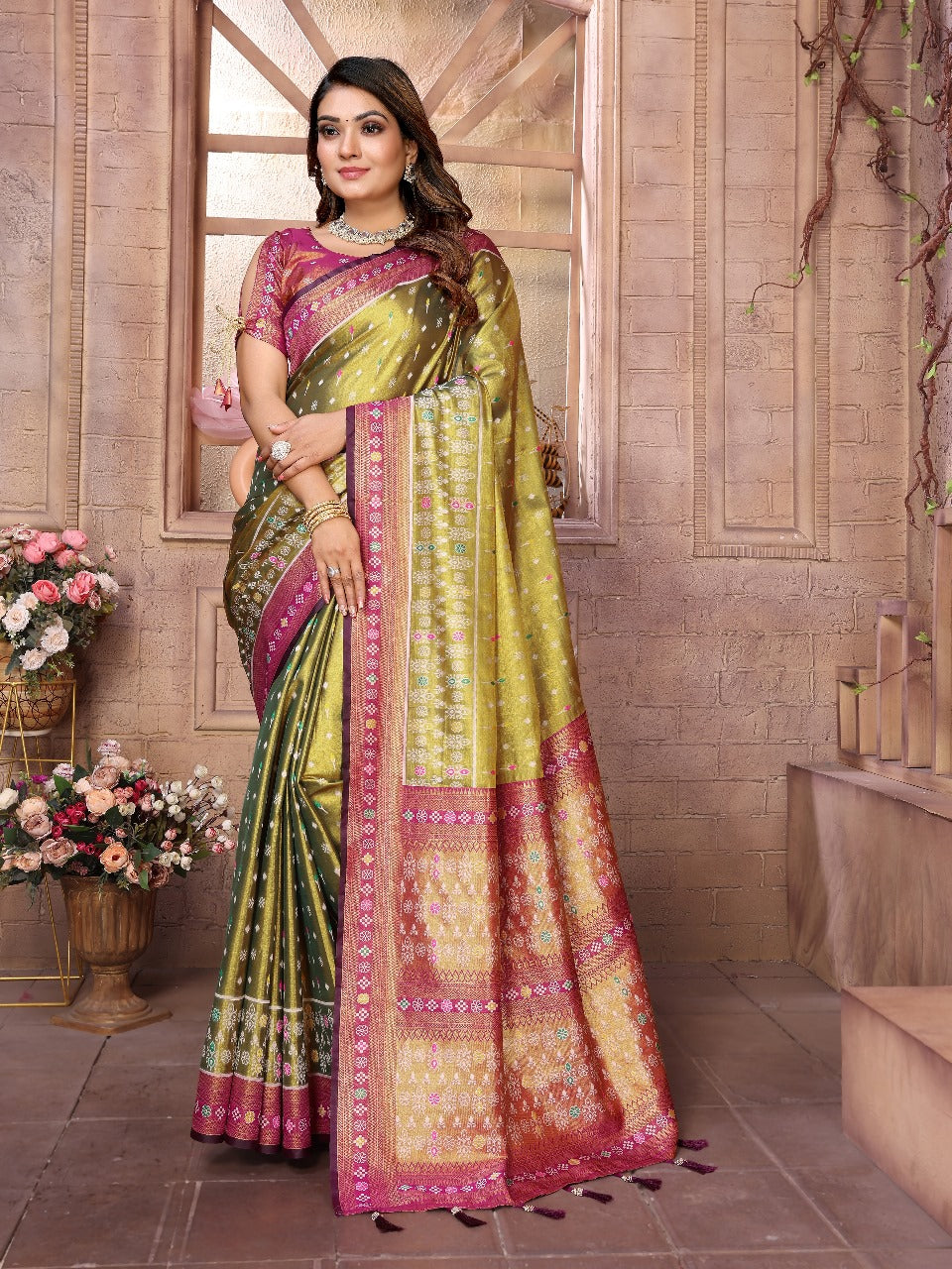Adorable Banarasi Tissue Silk Mehndi Color Saree