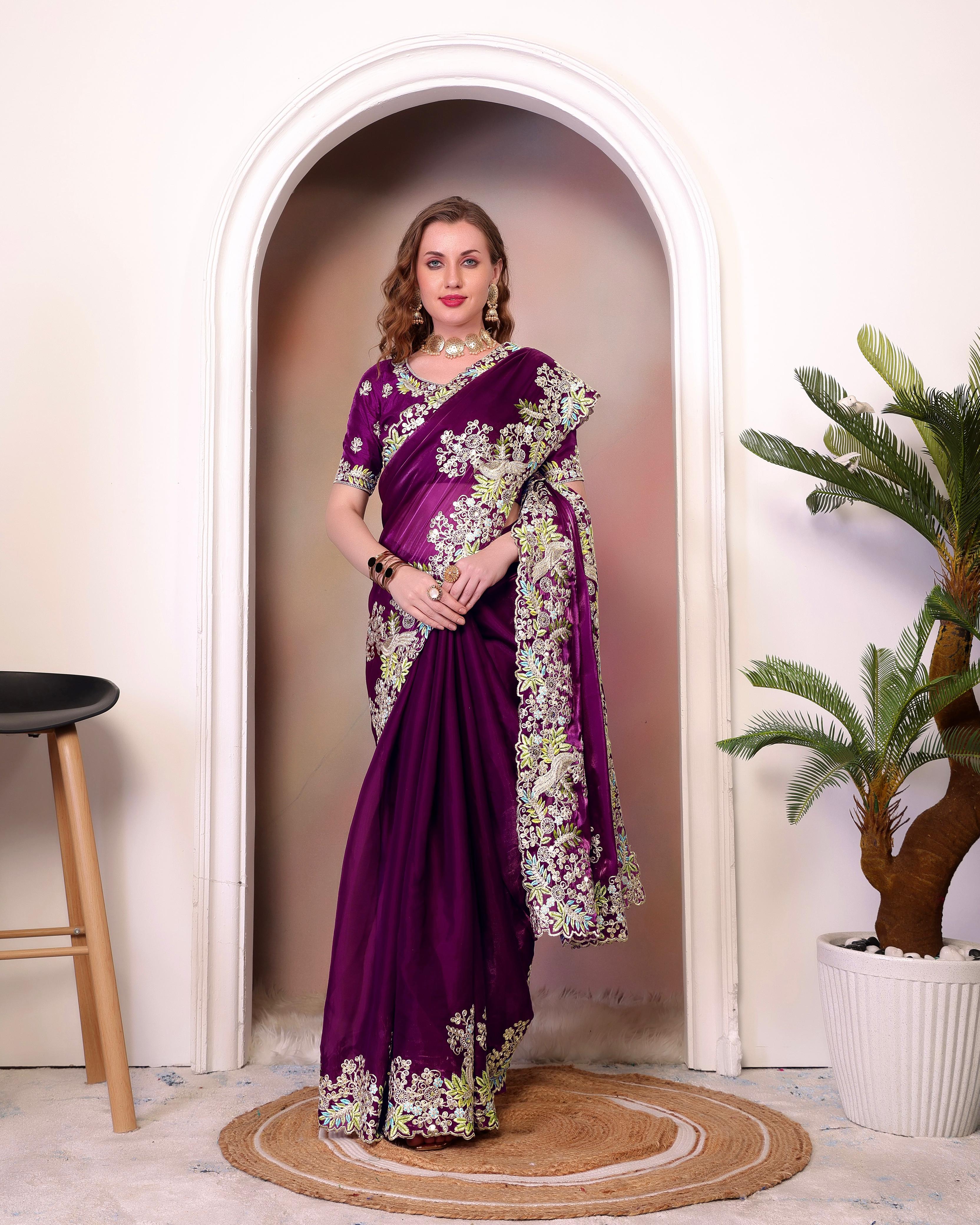 Traditional Wear Embroidery Work Wine Color Saree