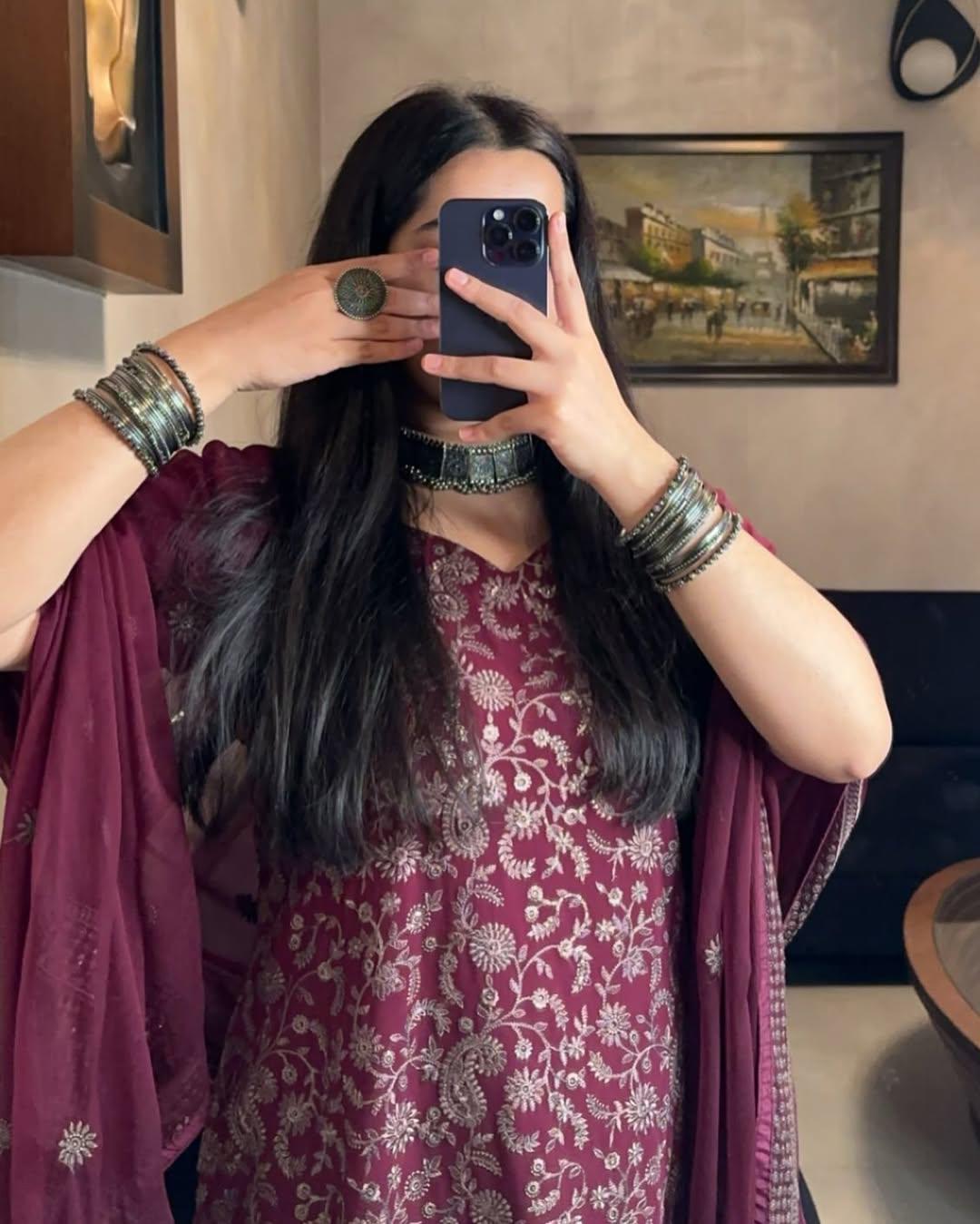 Georgette Embroidery Work Wine Color Salwar Suit