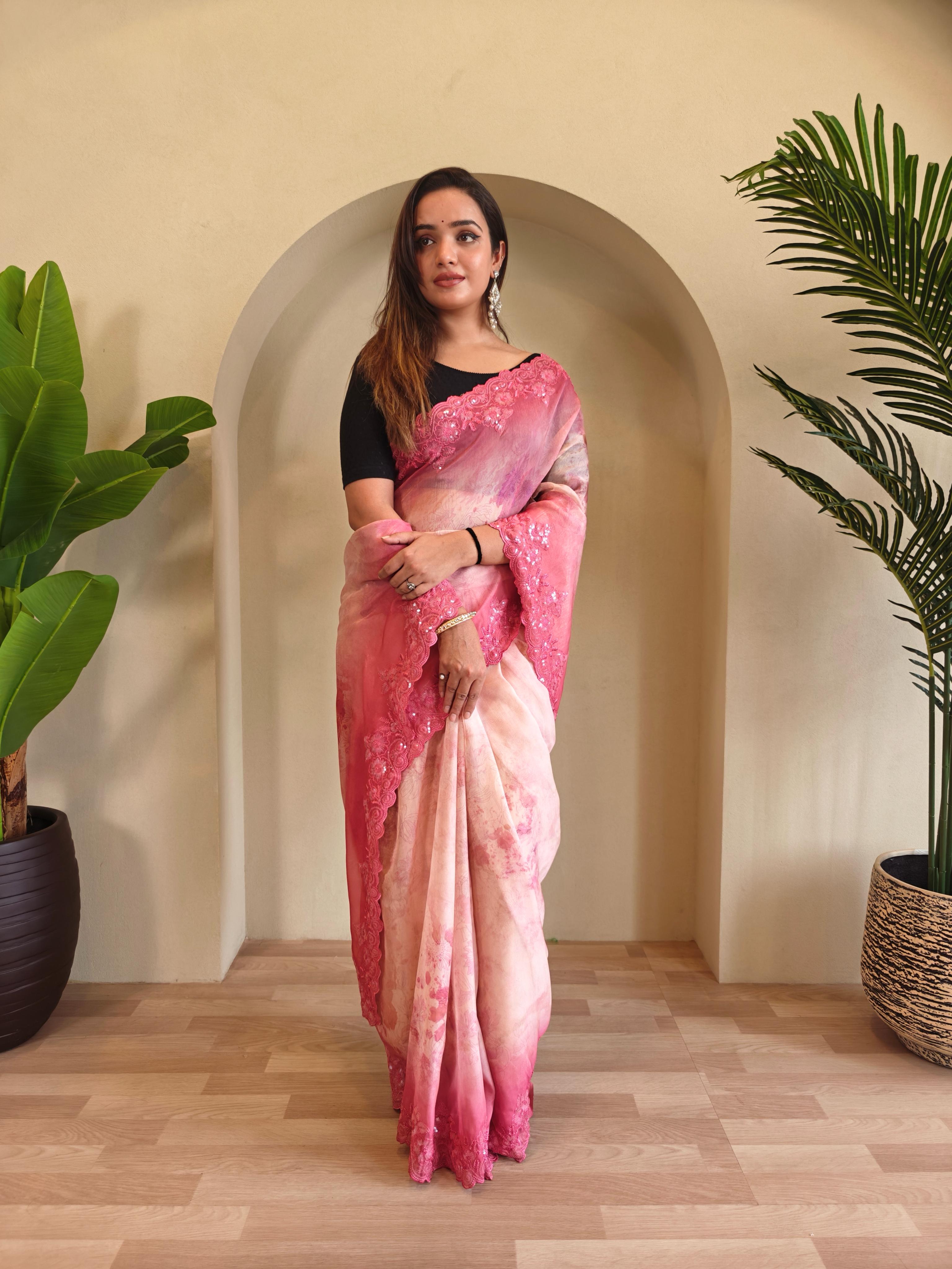 Casual Wear Pink Color Digital Print Organza Saree