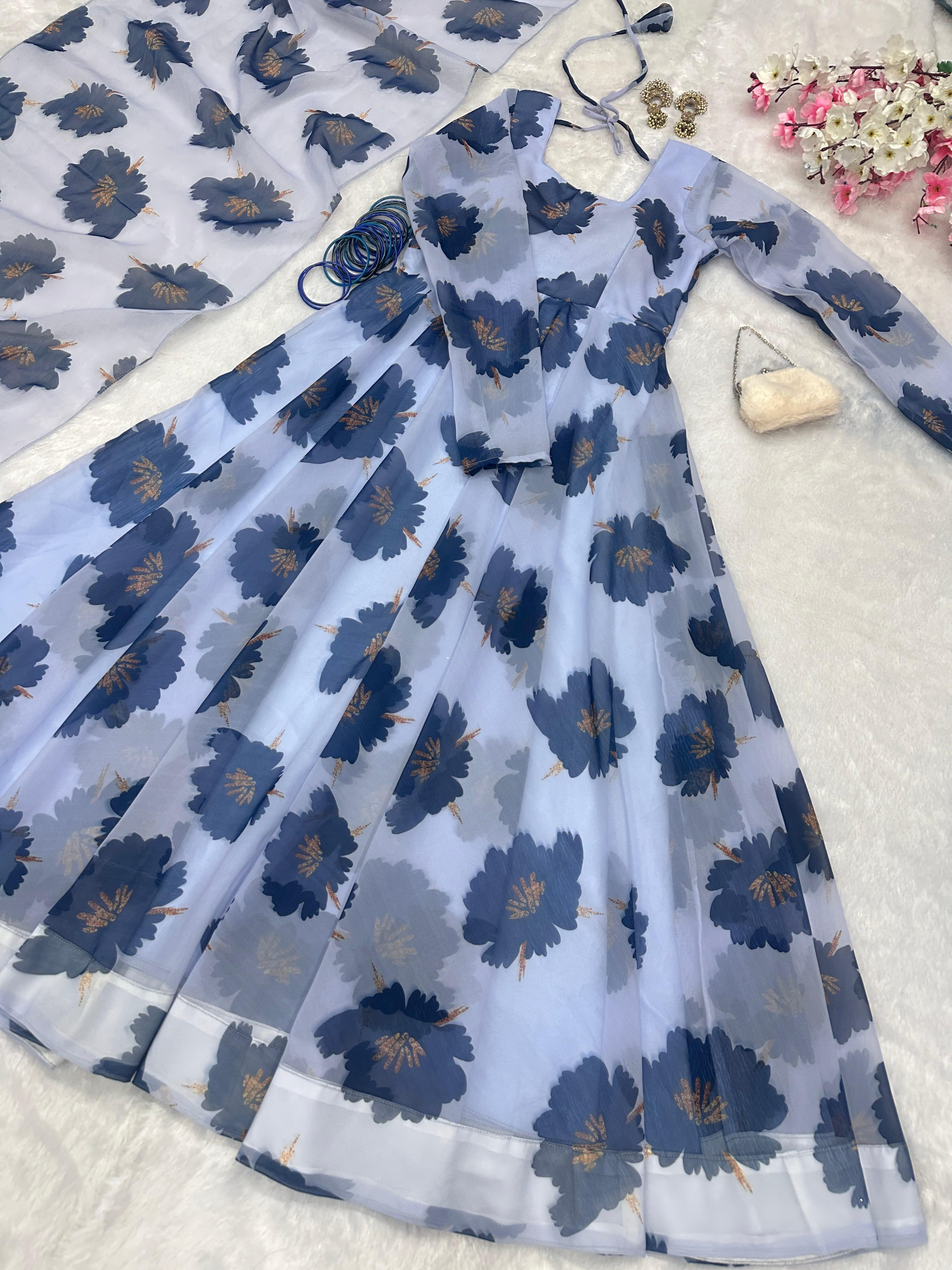 Outstanding Digital Printed  Sky Blue Color Anarkali Suit