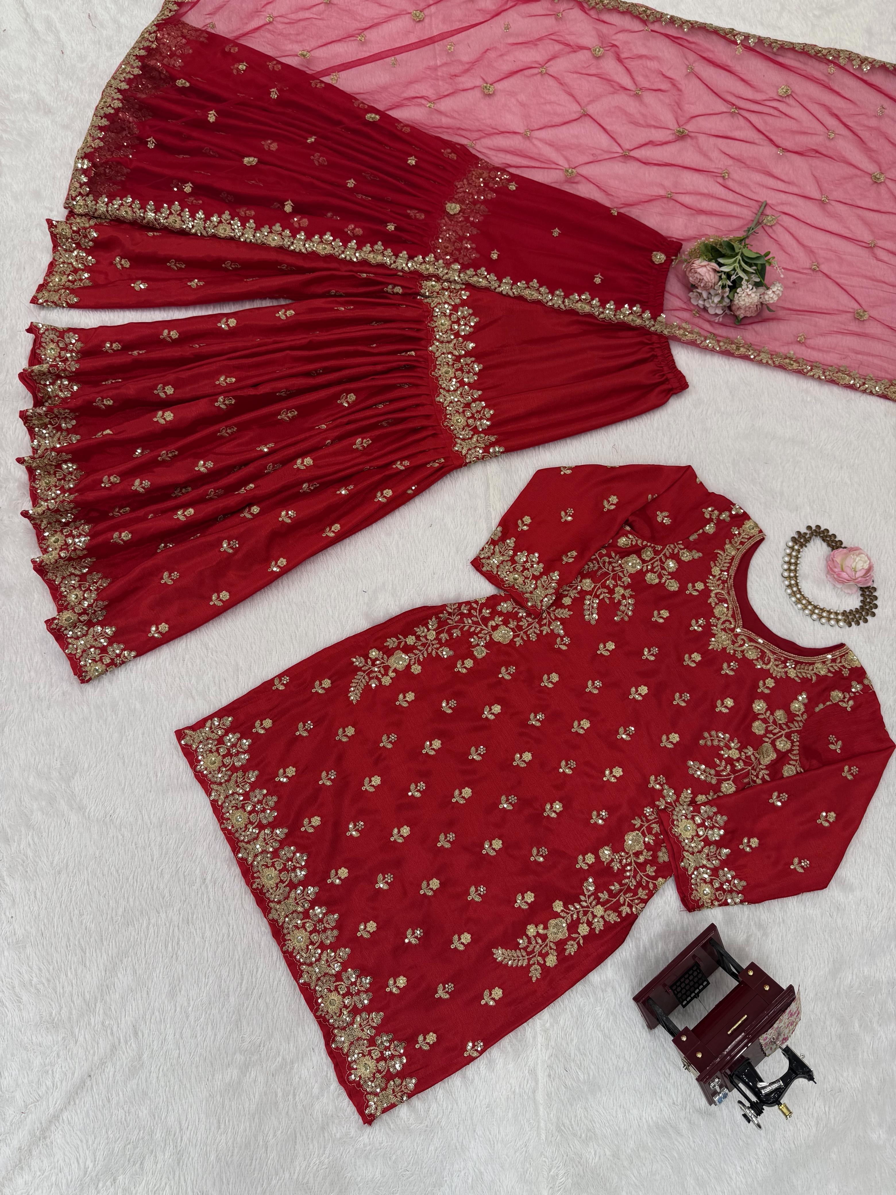 Graceful Red Chinon Silk Sequence Work Sharara Suit