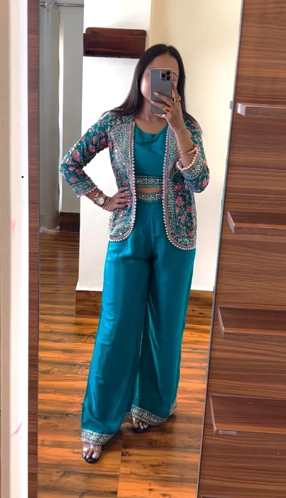 Flattering Chinon Teal Blue Color Palazzo Top With Koti