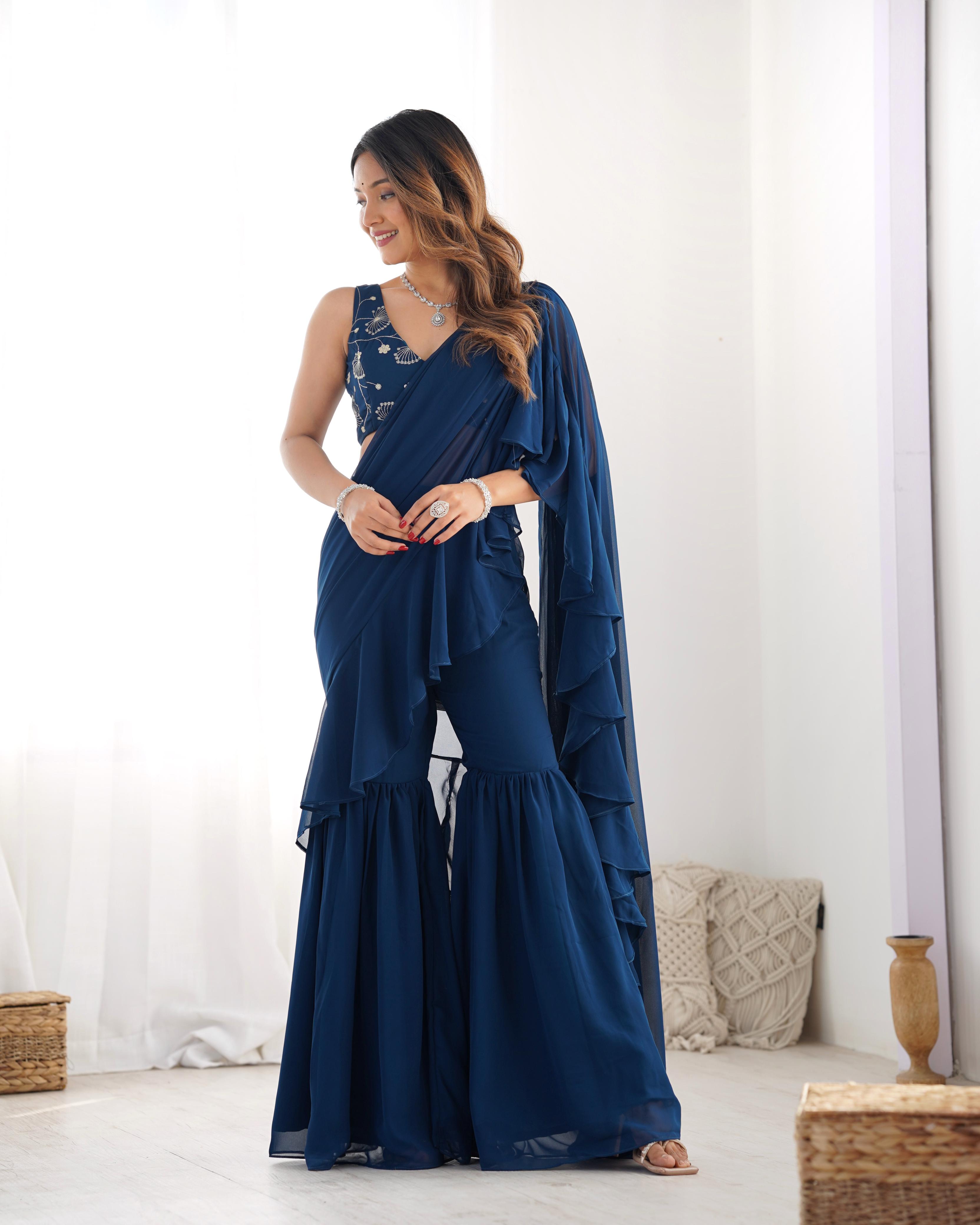 Party Wear Teal Blue Color Draped Saree