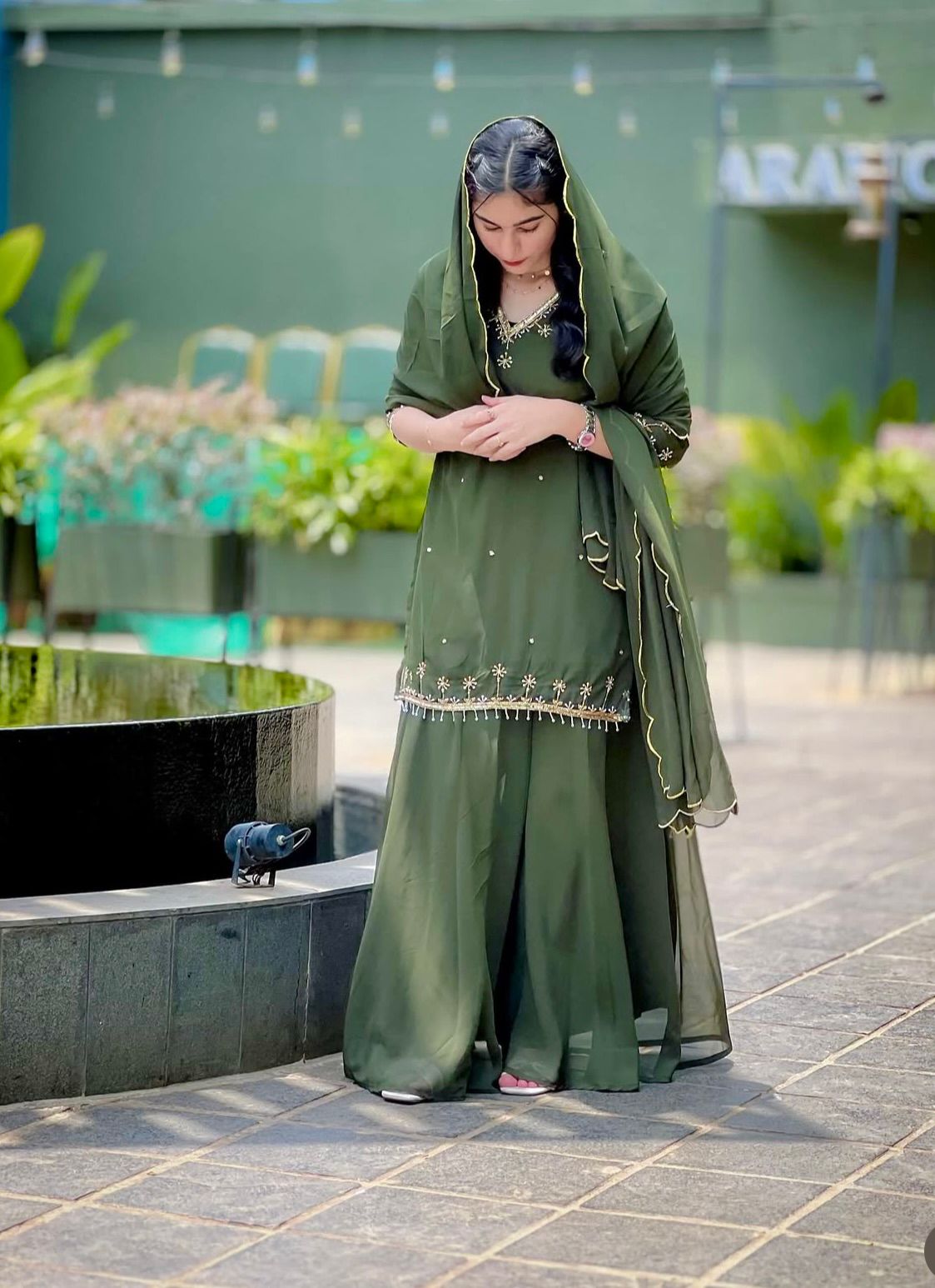 Function Wear Green Heavy Faux Georgette Palazzo Set