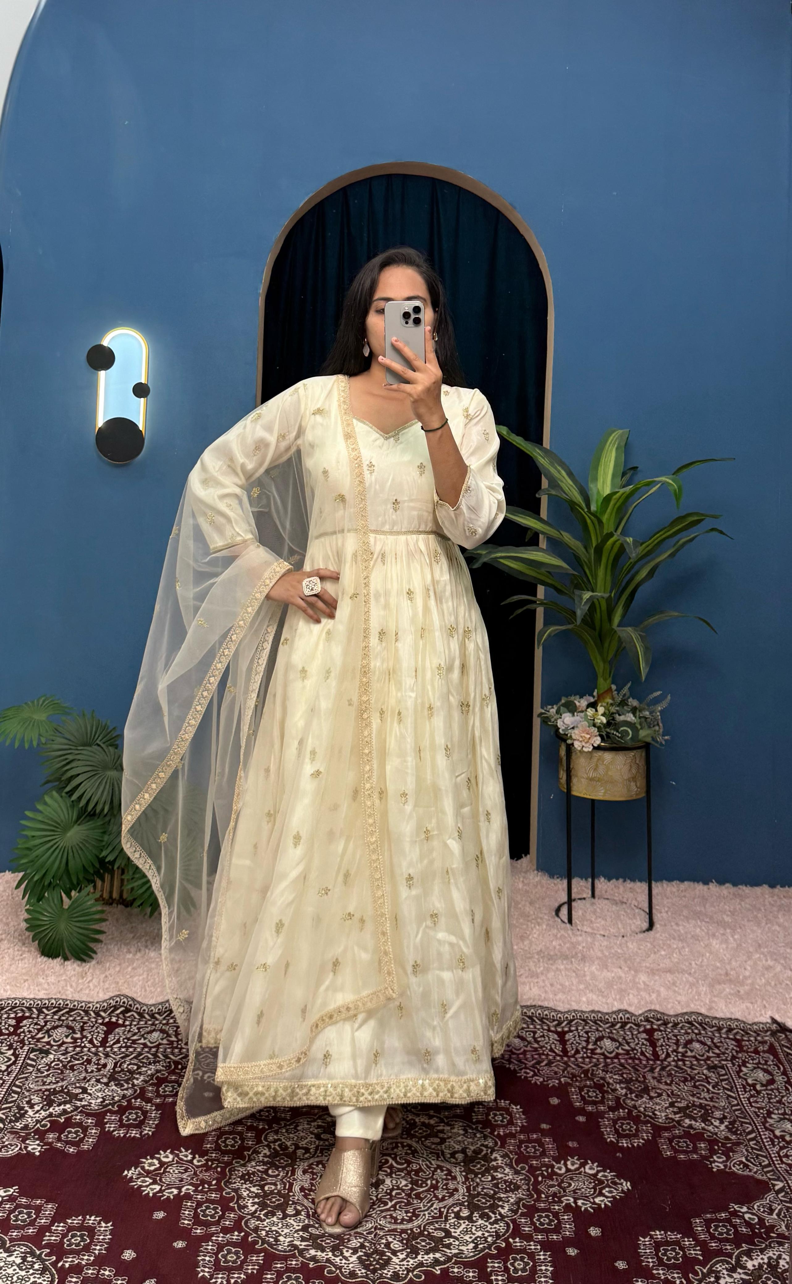 Adorable Embroidery Work Off White Color Gown