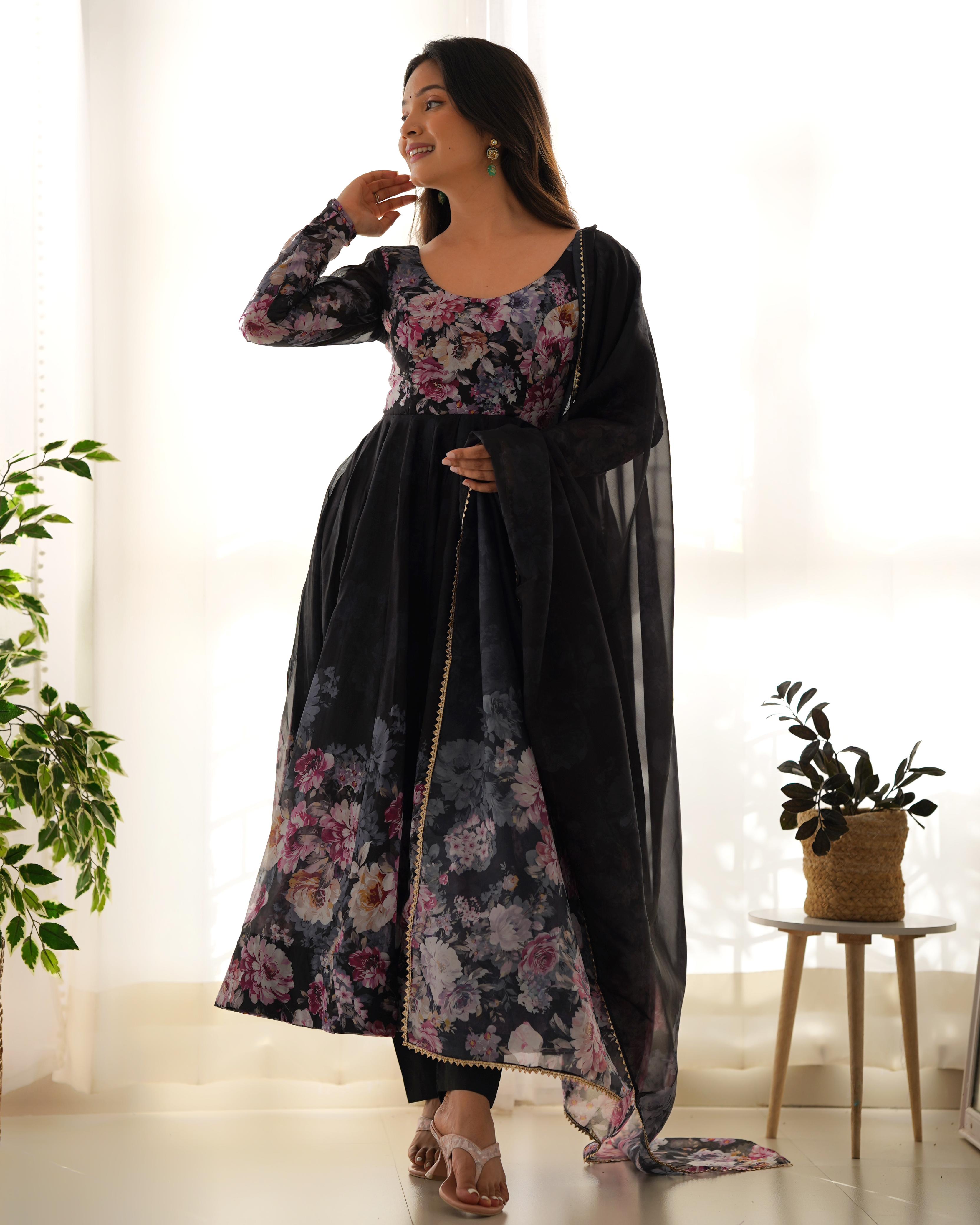 Casual Wear Multi Flower Print Black Color Anarkali Suit