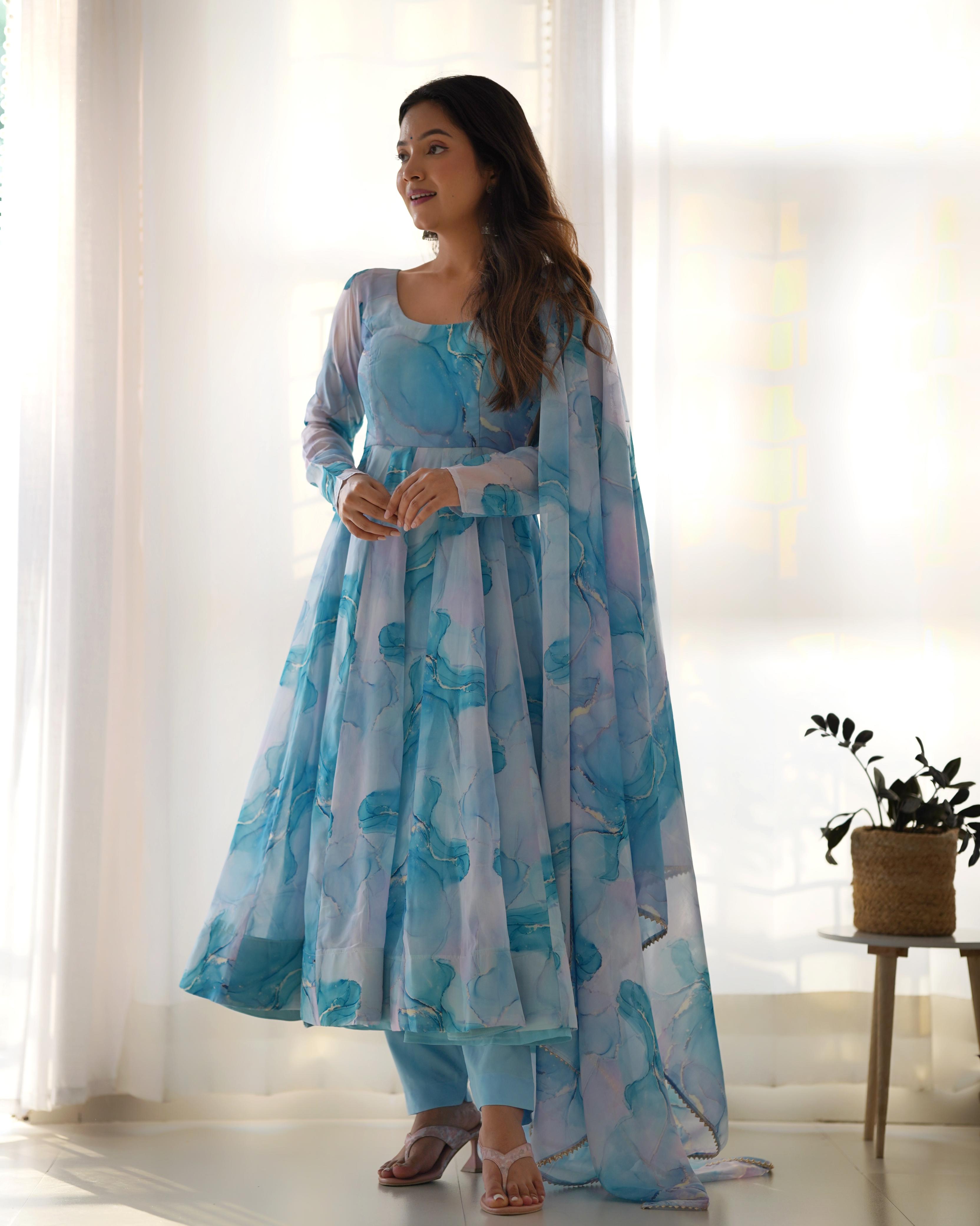Marble Print Organza Silk Sky Blue Anarkali Suit