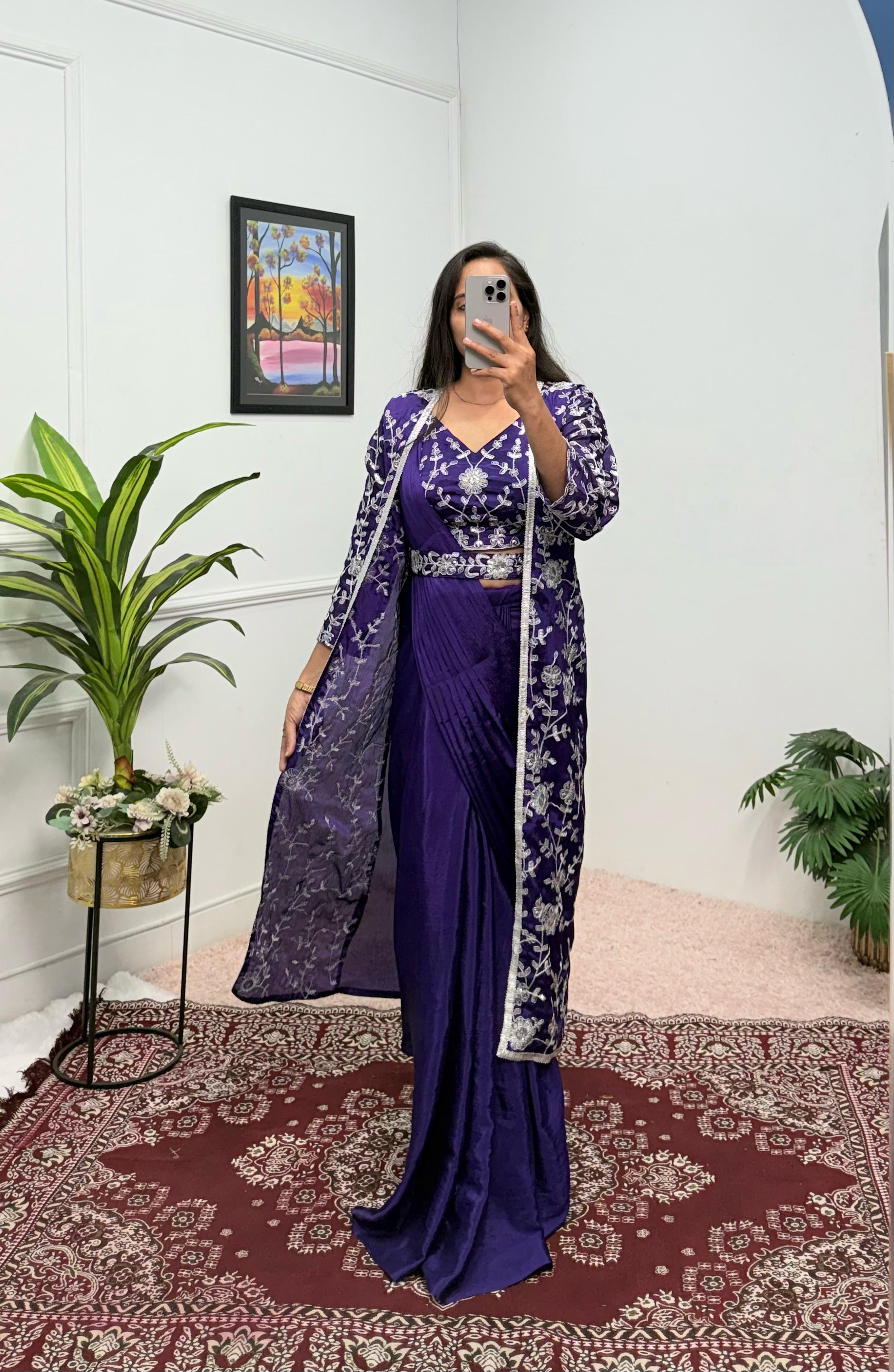 Unique Chinon Silk Blue Color Saree With Koti