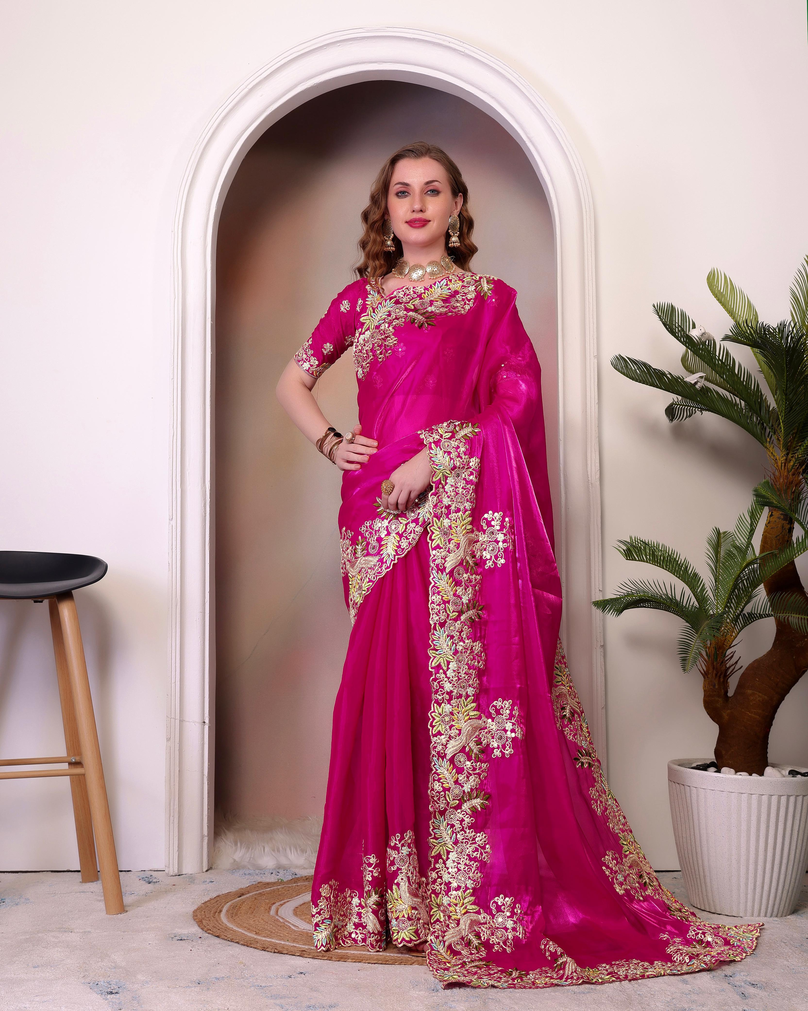 Traditional Wear Embroidery Work Pink Color Saree