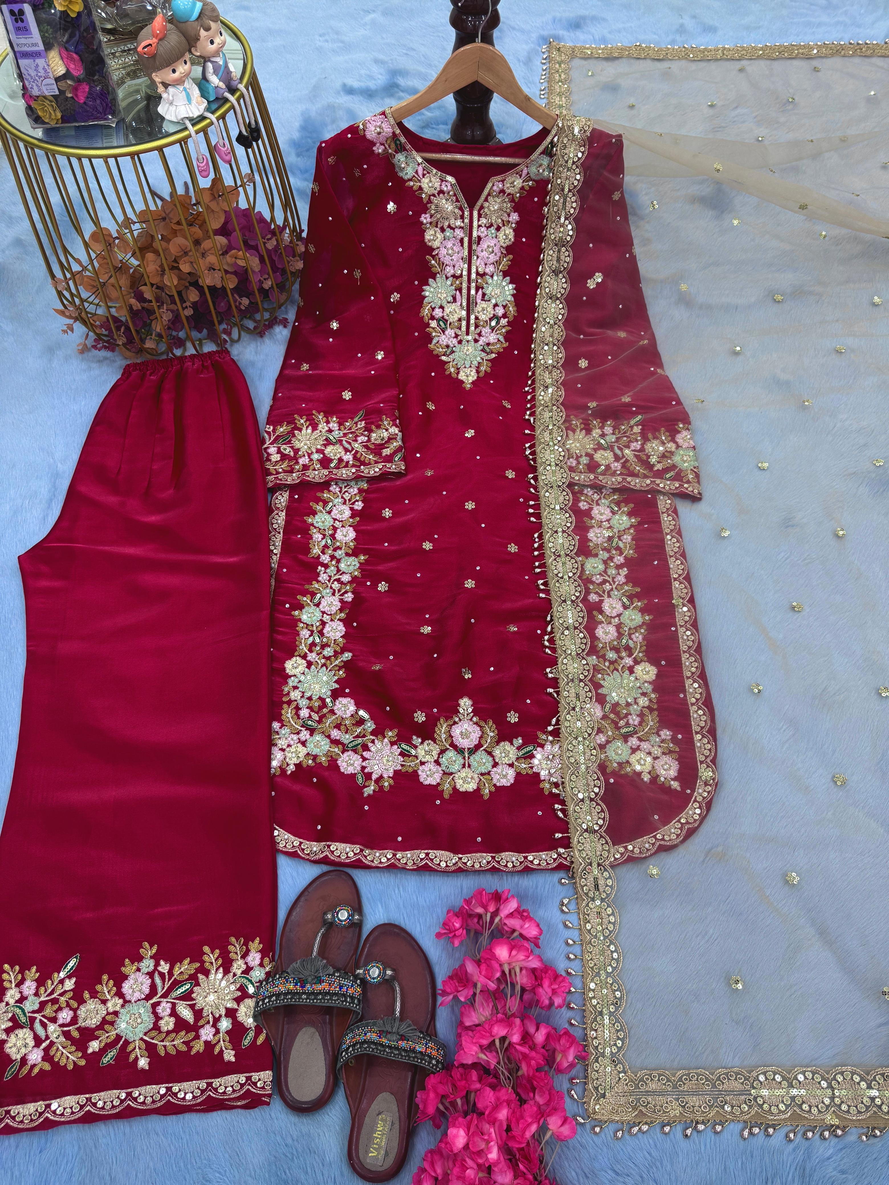 Elegant Jimmy Choo Sequence Work Red Color Palazzo Suit