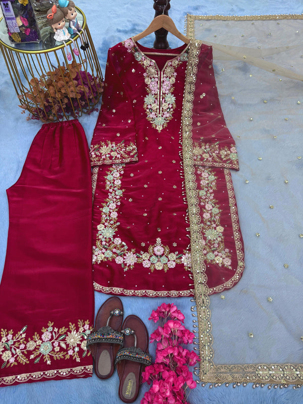 Elegant Jimmy Choo Sequence Work Red Color Palazzo Suit