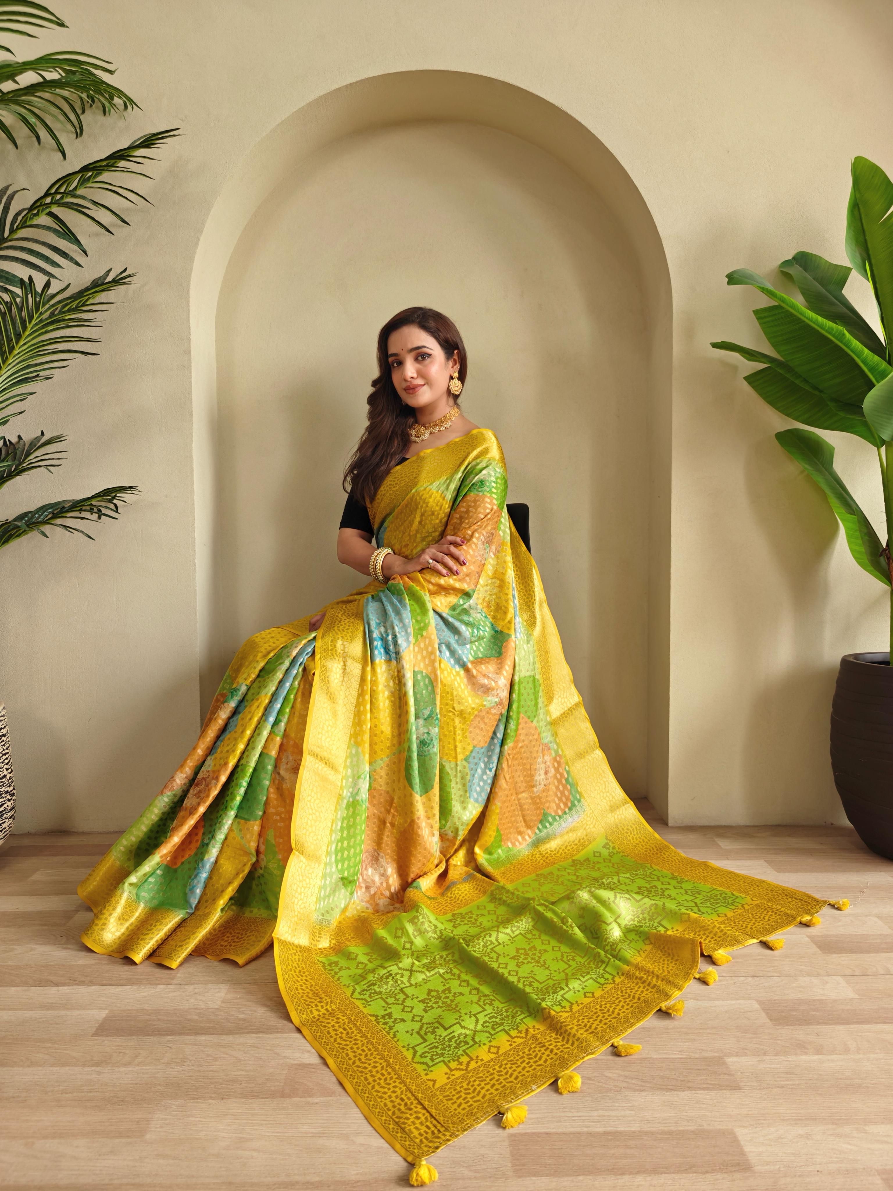 Multi Color Design Beautiful Print Yellow Color Saree