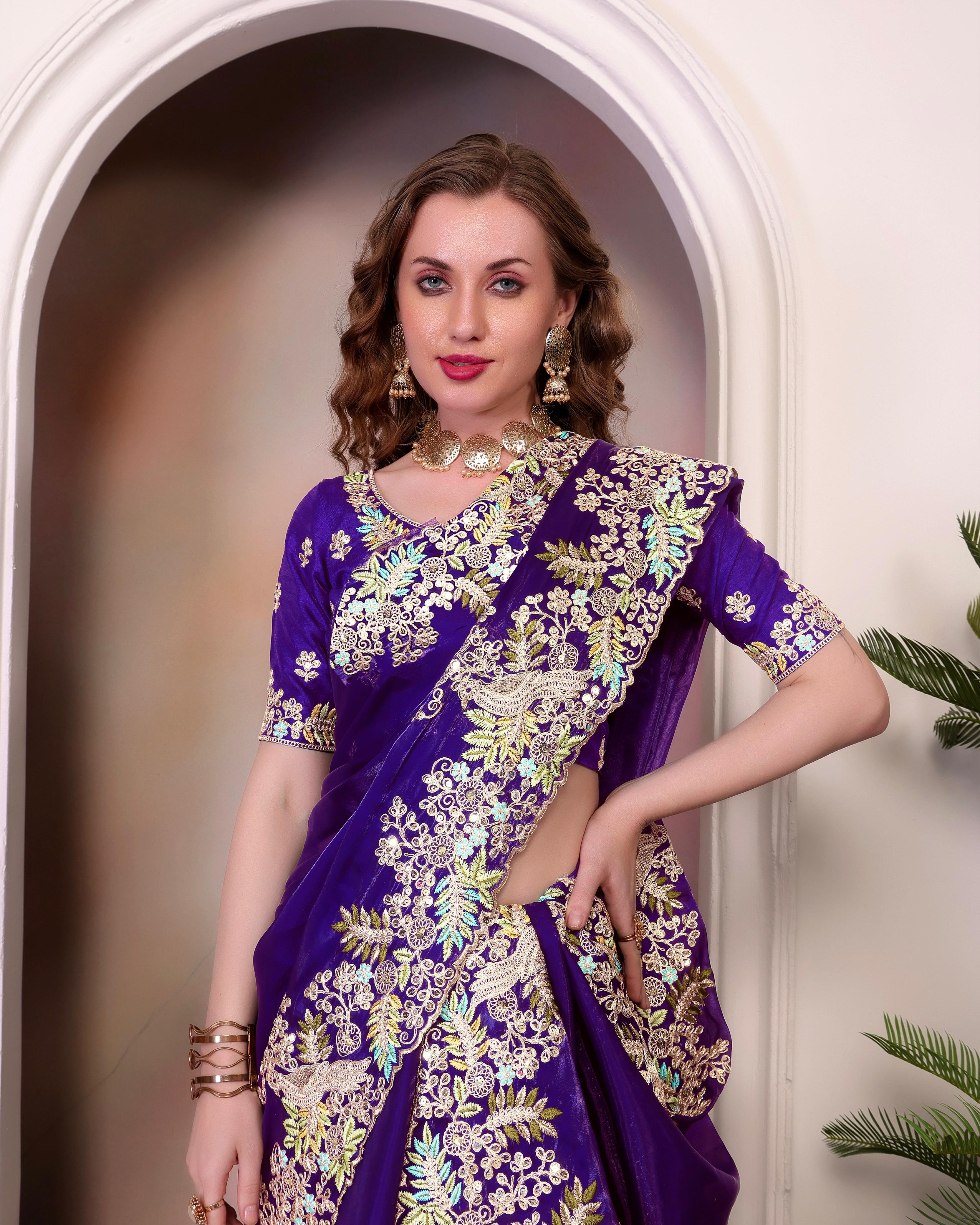 Traditional Wear Embroidery Work Purple Color Saree