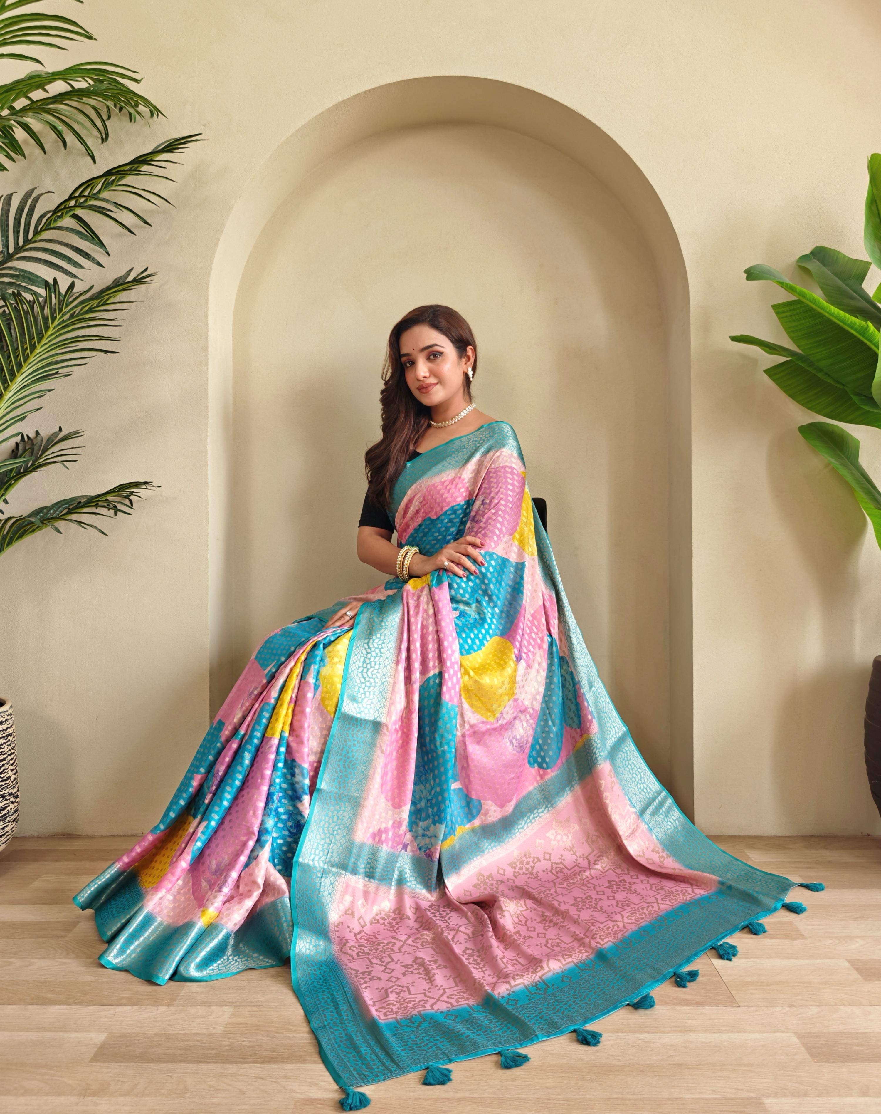 Multi Color Design Beautiful Print Sky Color Saree
