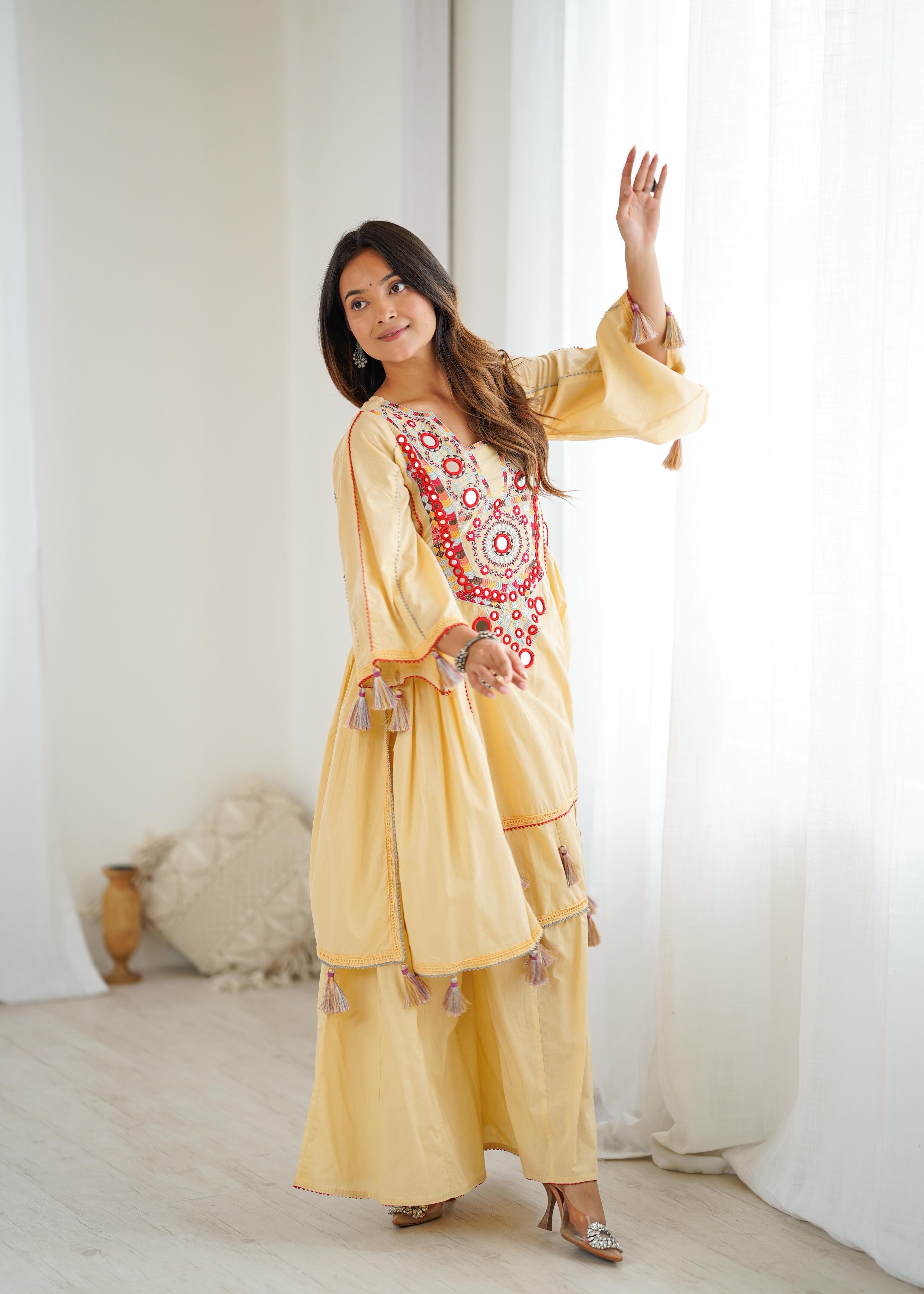 Glorious Yellow Color Embroidery Work Co-ord Set