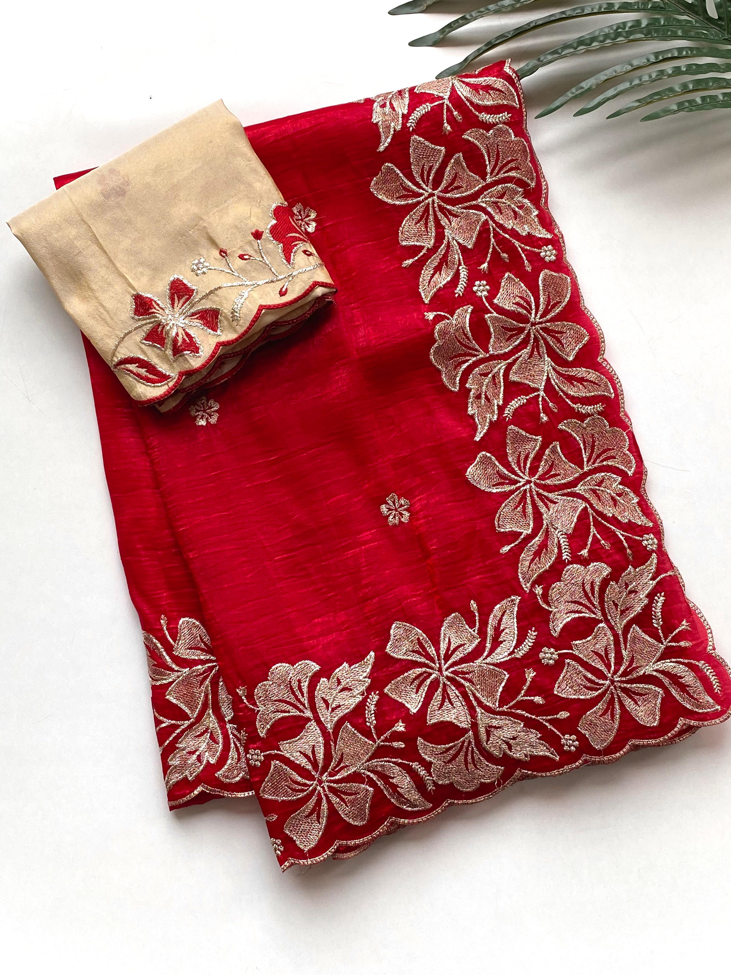 Traditional Wear Flower Border Red Color Saree