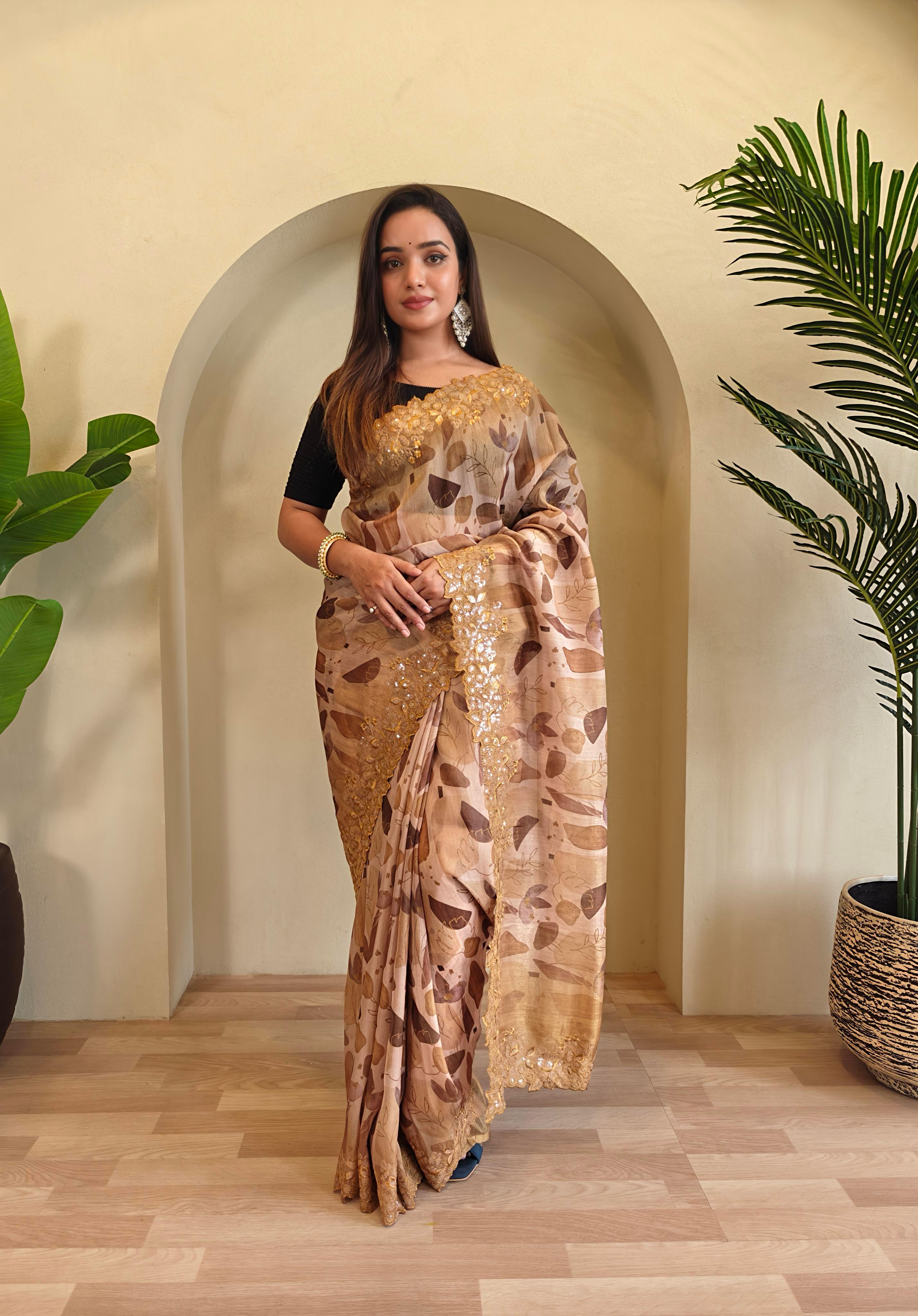 Casual Wear Brown Color Digital Print Organza Saree