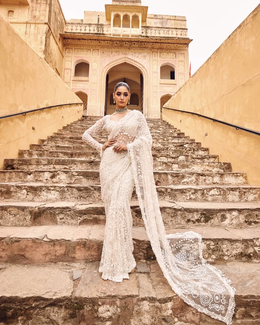 Captivating Embroidery Work White Color Designer Saree