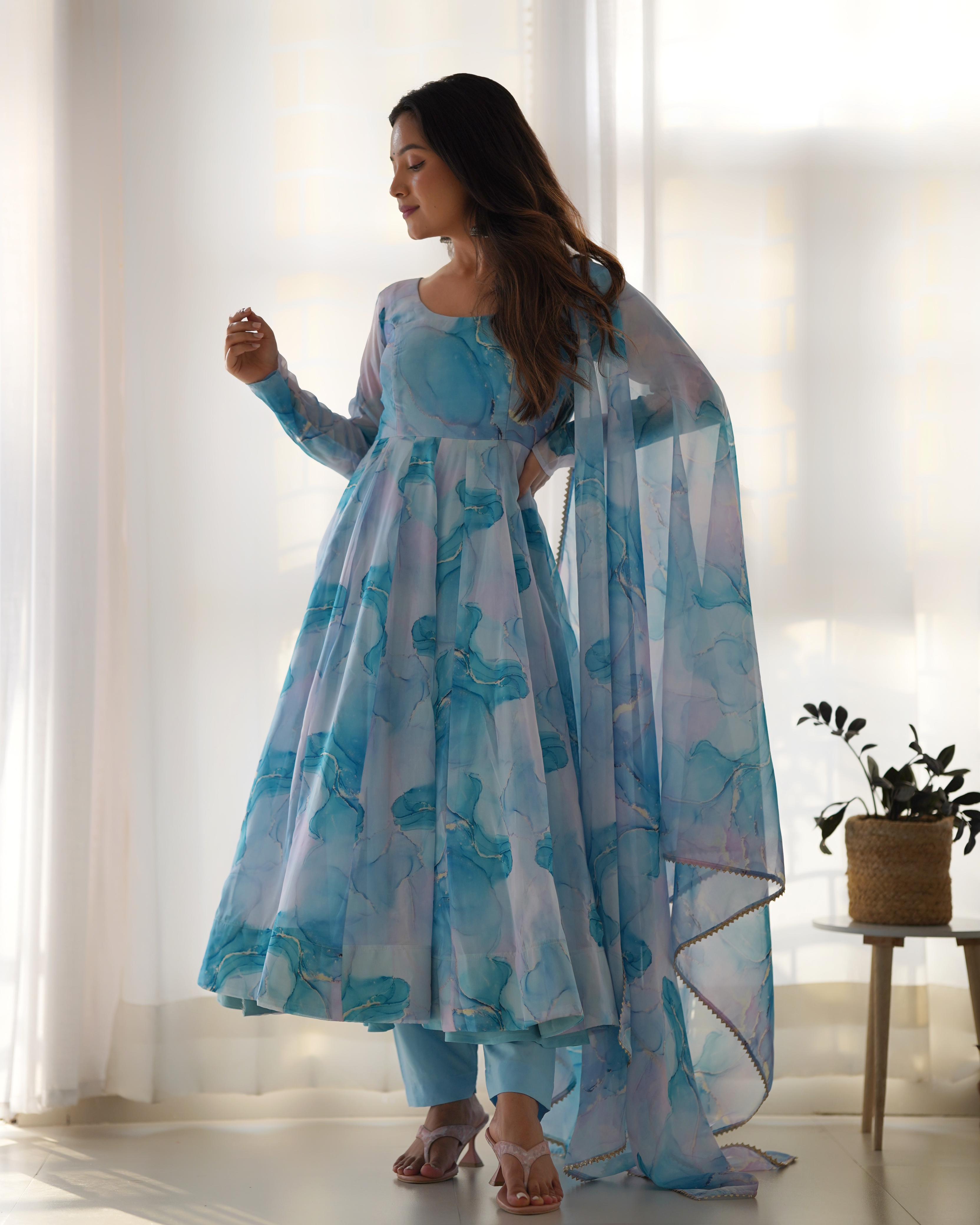 Marble Print Organza Silk Sky Blue Anarkali Suit