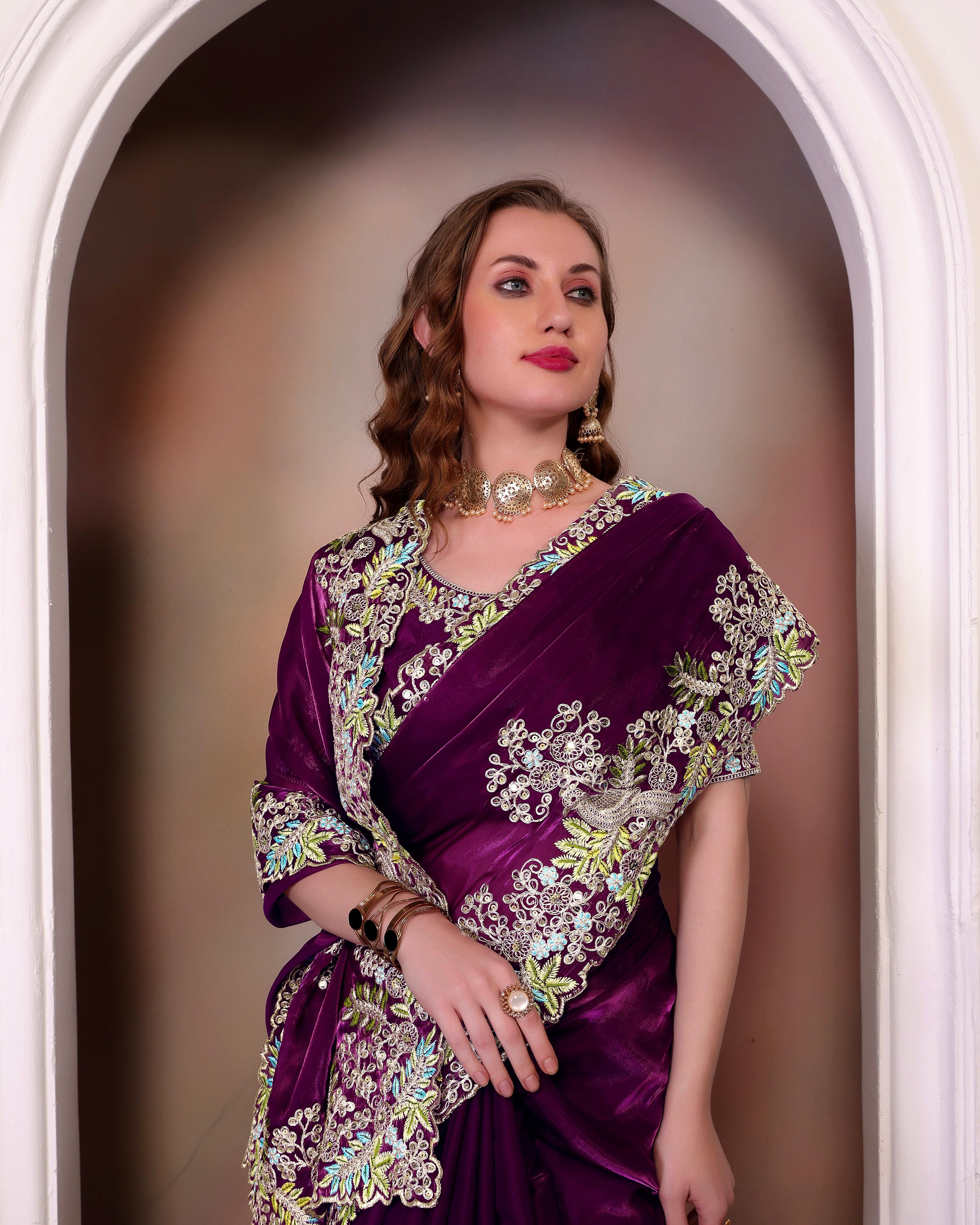 Traditional Wear Embroidery Work Wine Color Saree