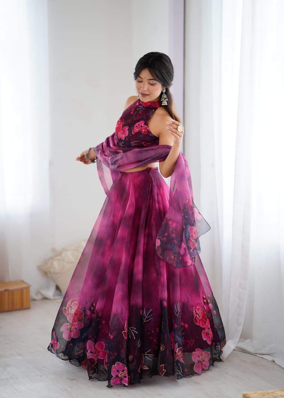 Admiring Pink Color Digital Printed Organza Work Lehenga